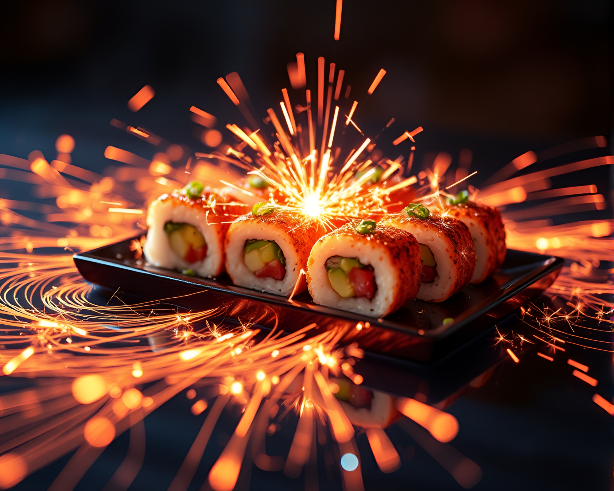 Sushi Platter Illuminated by Sparkler Trails in Holographic X-Ray Style – free AI stock image