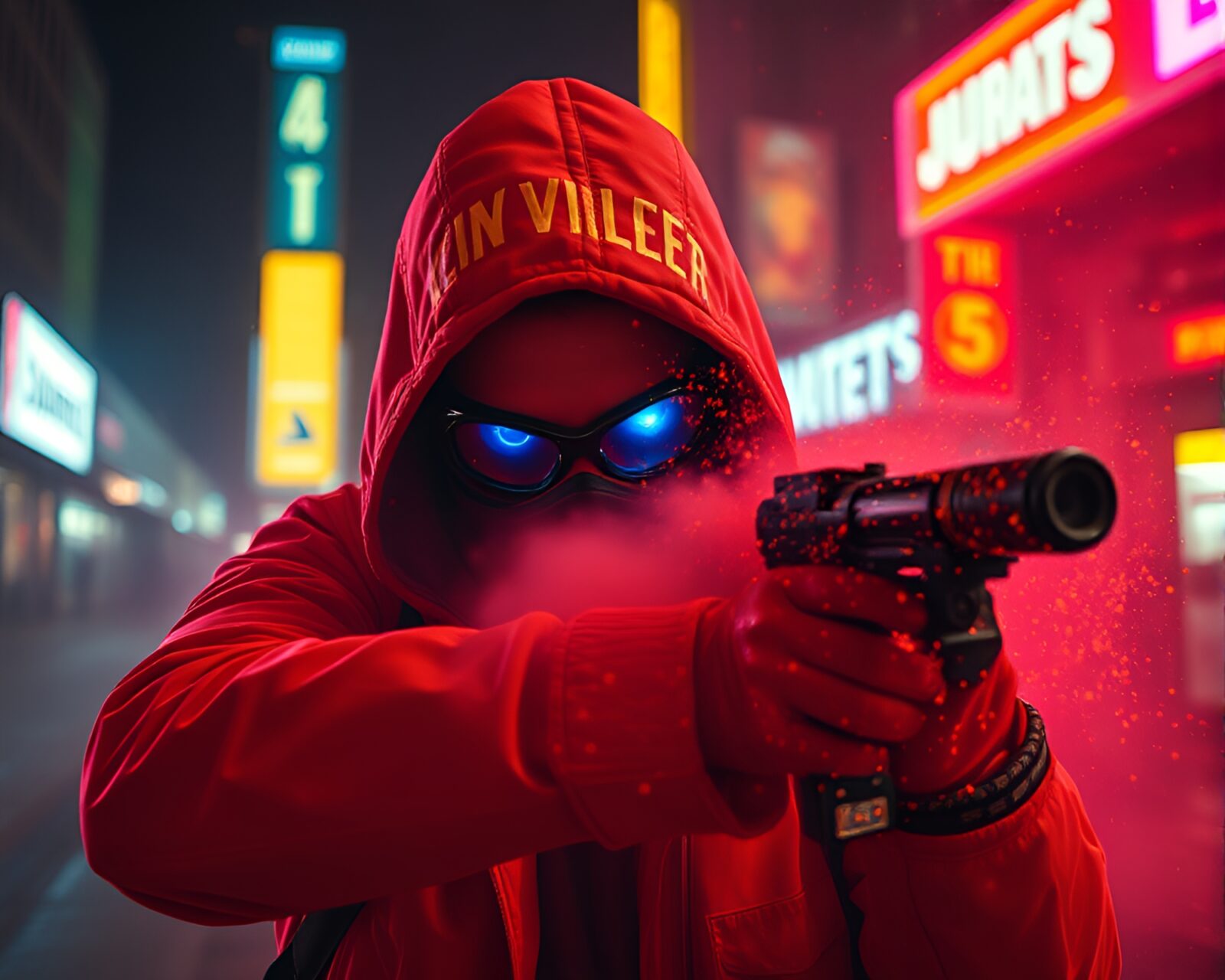 Stereograph of a cyberpunk vigilante surrounded by dust particles