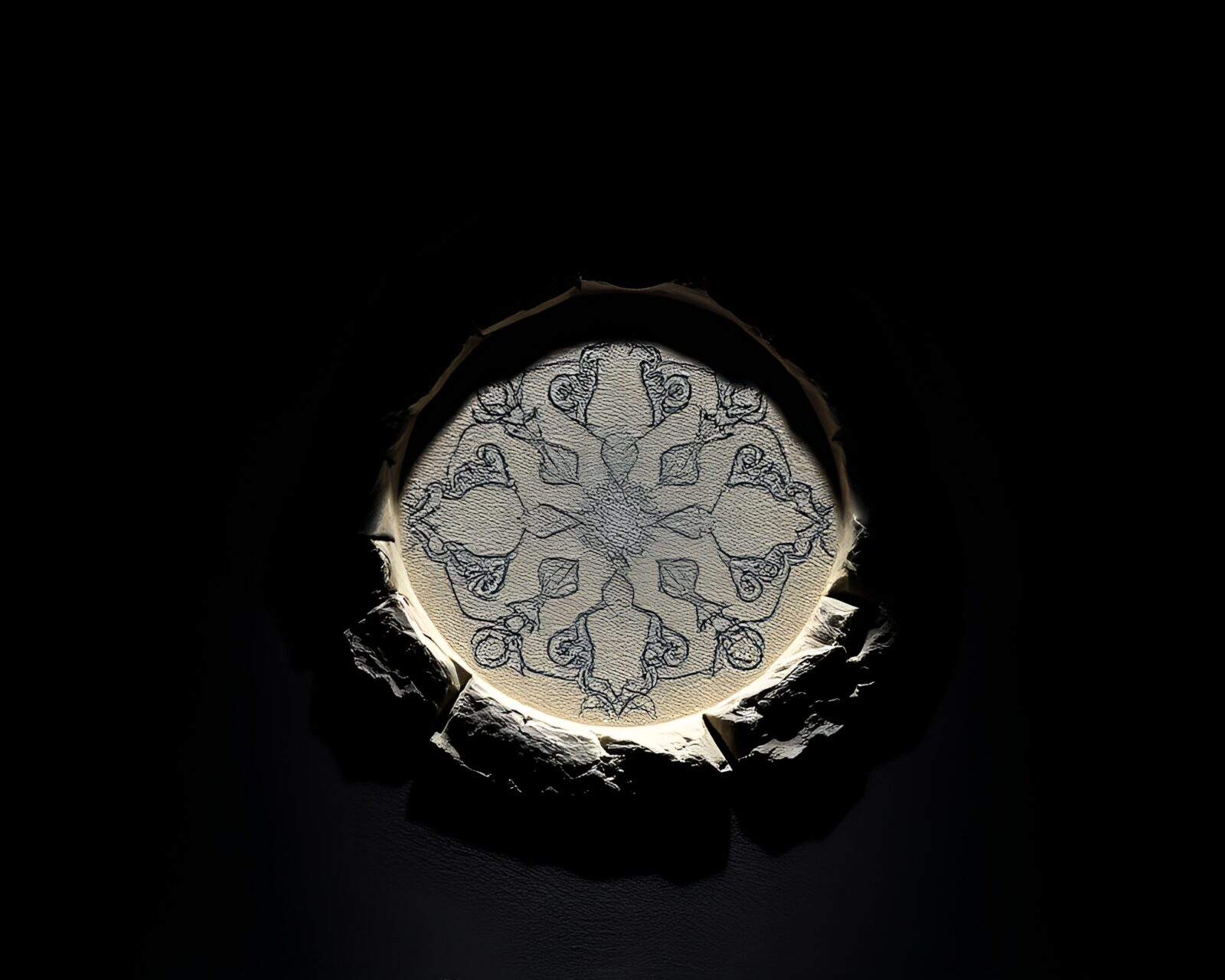 Medical illustration of holographic stone circle with shadow silhouette