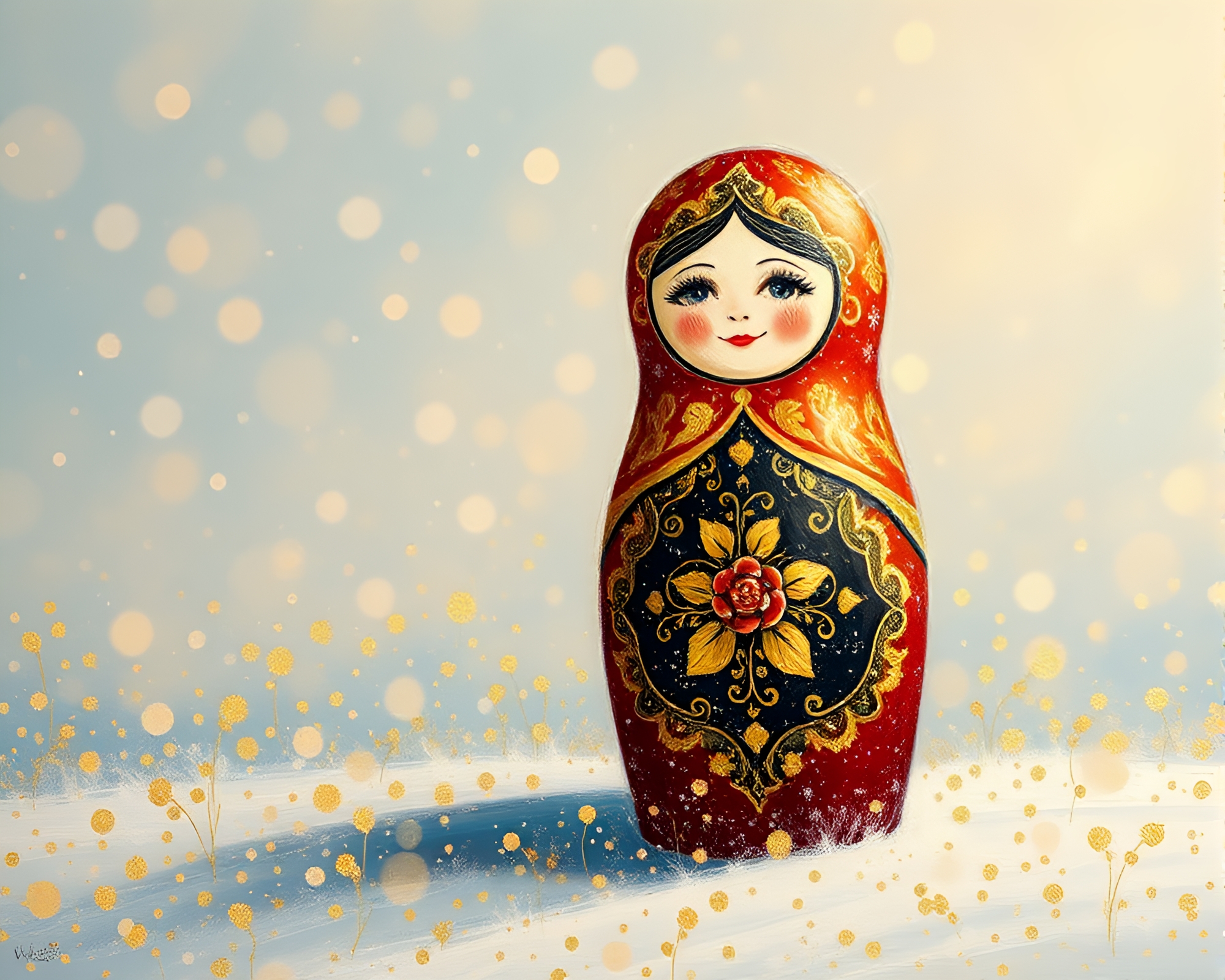 Matryoshka Doll in Snow-Kissed Gold Foil Field – free AI stock image