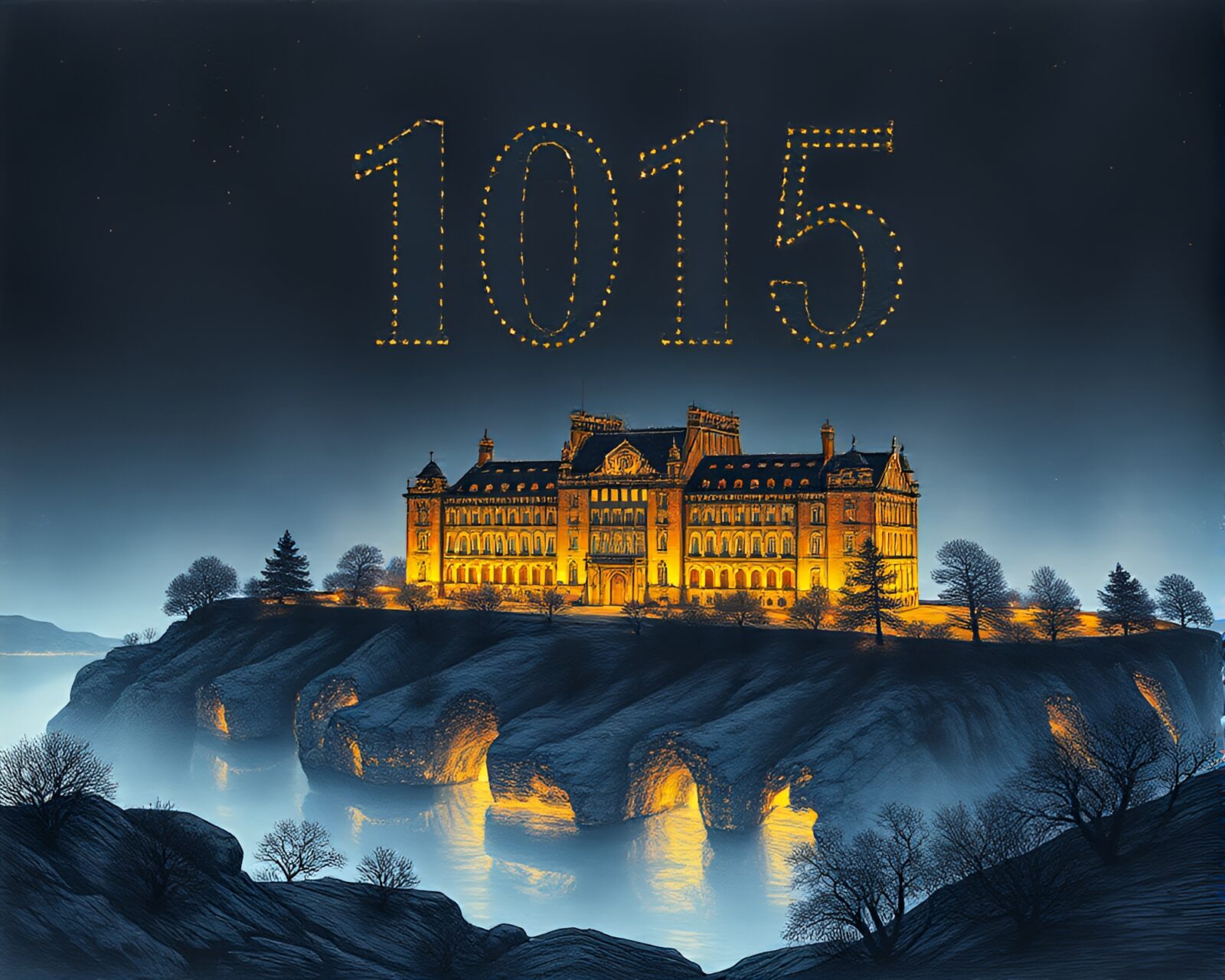 Landscape etching of binary code in dramatic opera lighting