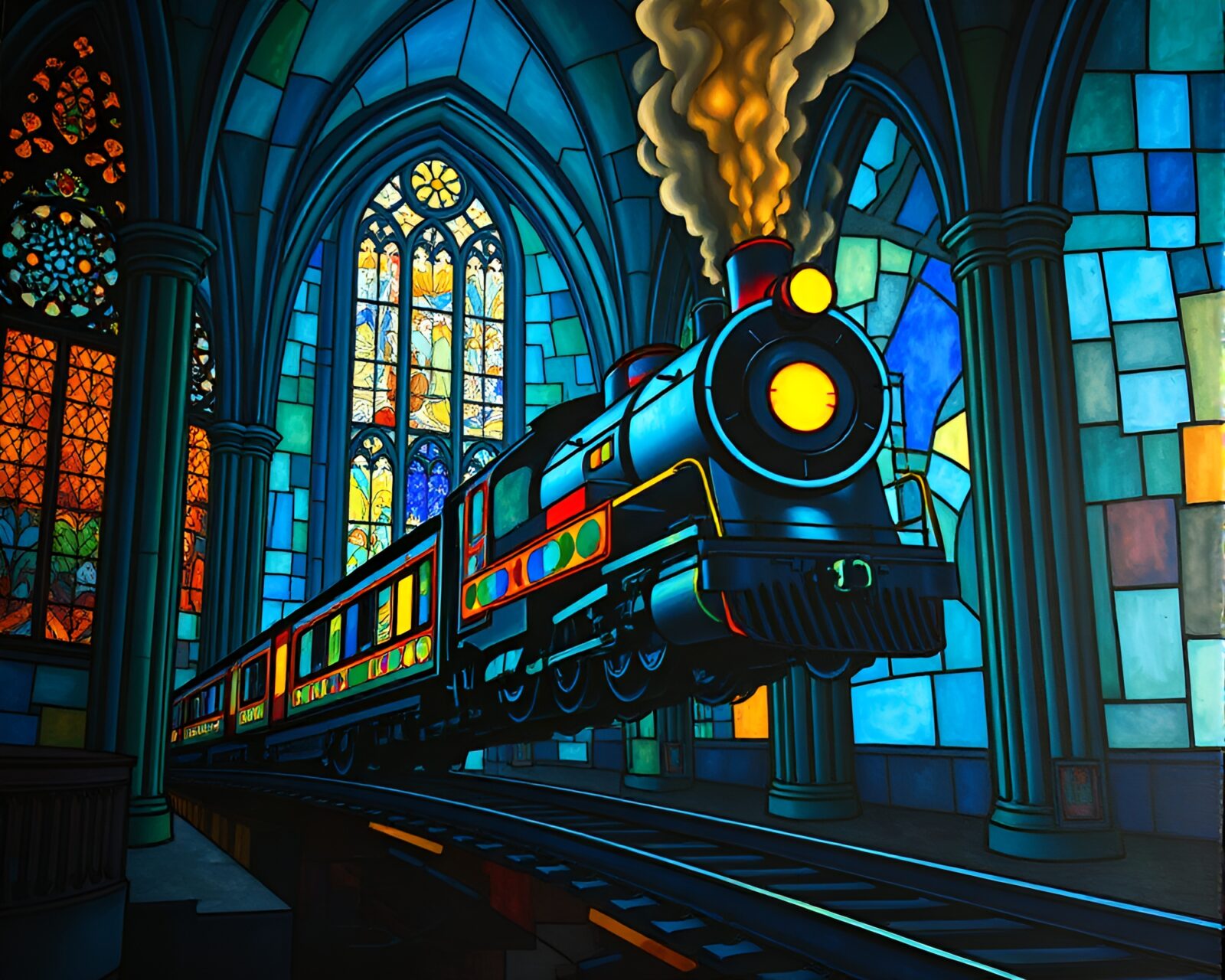 Off-center mural painting showing levitating train in cathedral light