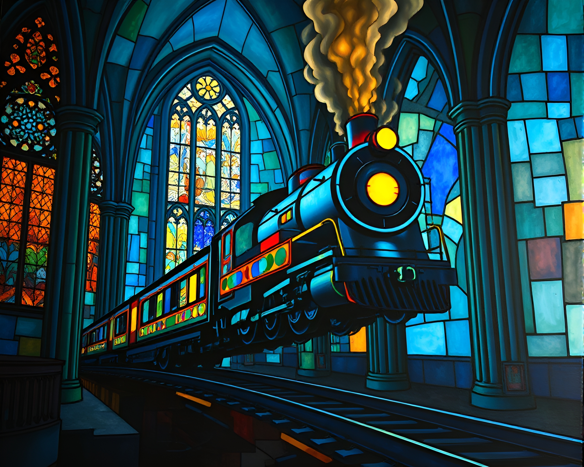 Magnetic Levitation Train in Stained Light Cathedral – free AI stock image