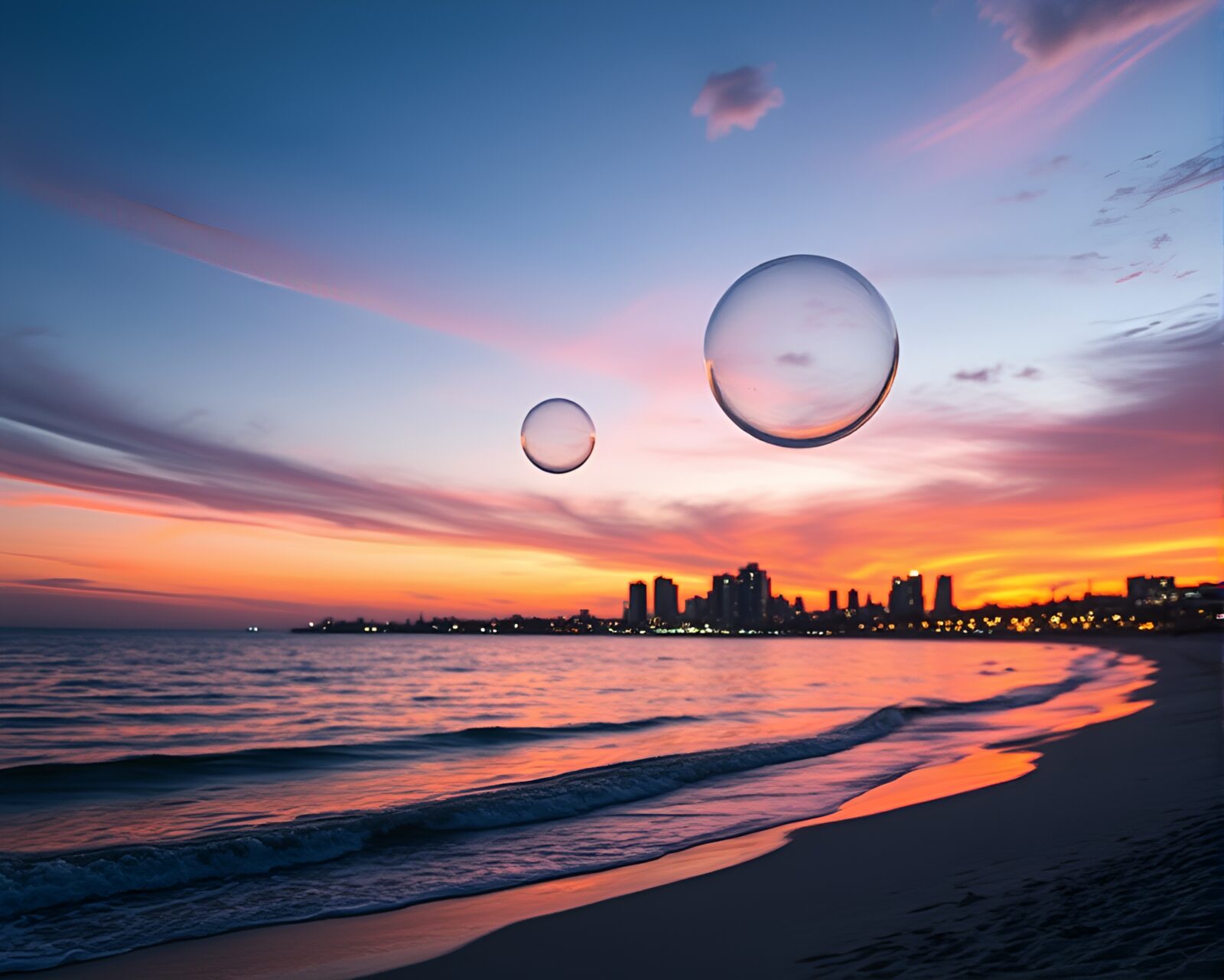 Vibrant bubble clusters shimmering on a sunset beach