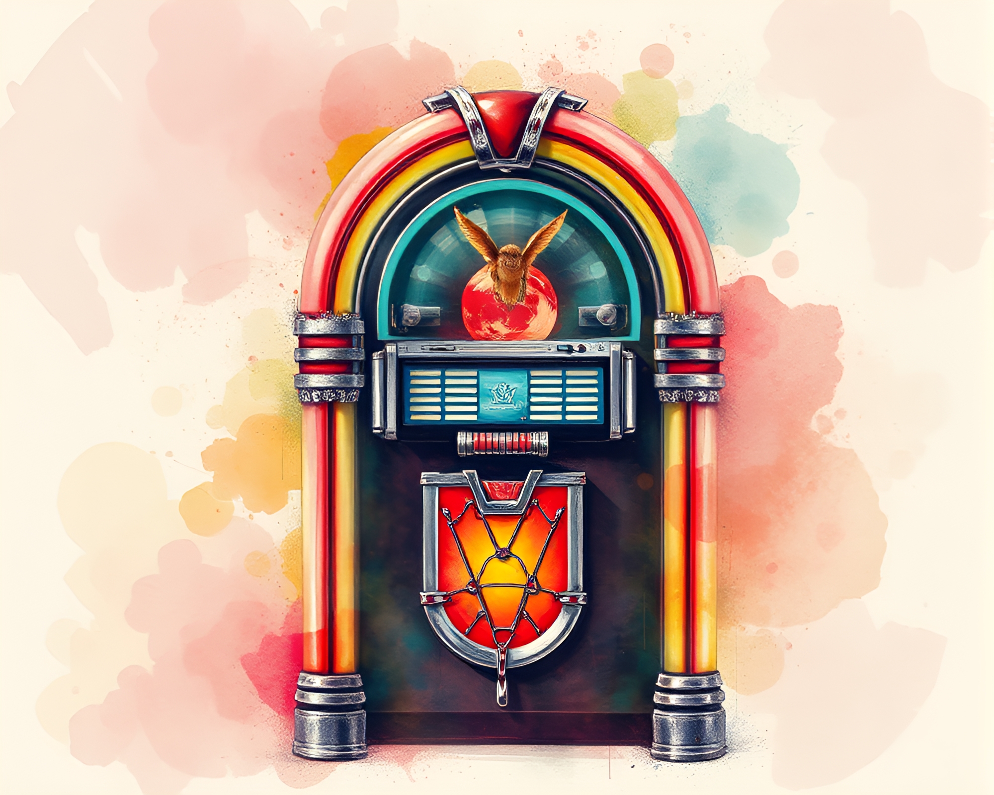 Retro Jukebox Hatching in Watercolor Glitch – free AI stock image