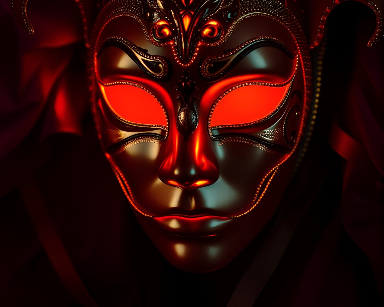Intricately detailed Venetian mask in dramatic lighting with gold foil highlights