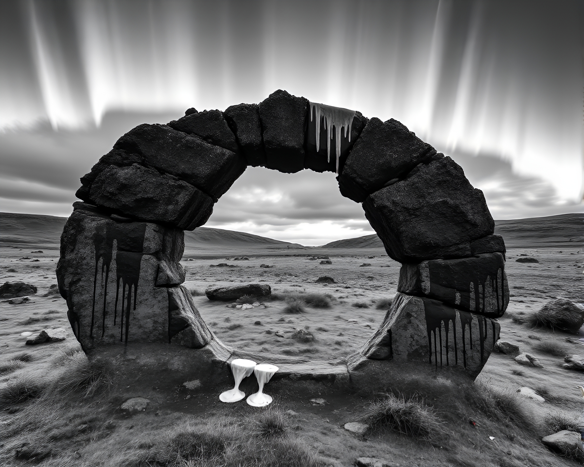 Ancient Stone Circle in Monochrome with Aurora Paint Drips – free AI stock image
