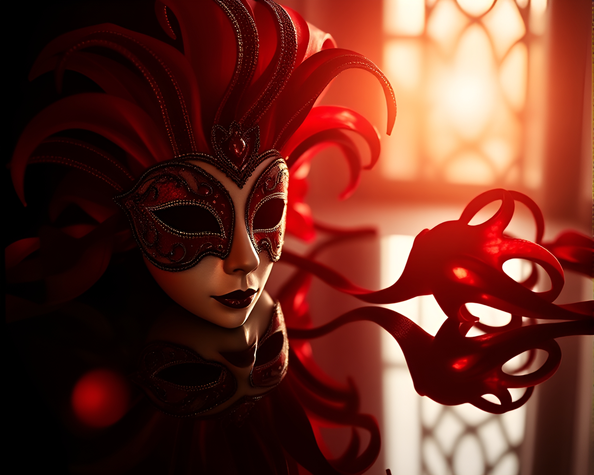 Elegant Venetian Mask Mirror Symmetry Backlit Silhouette – free AI stock image