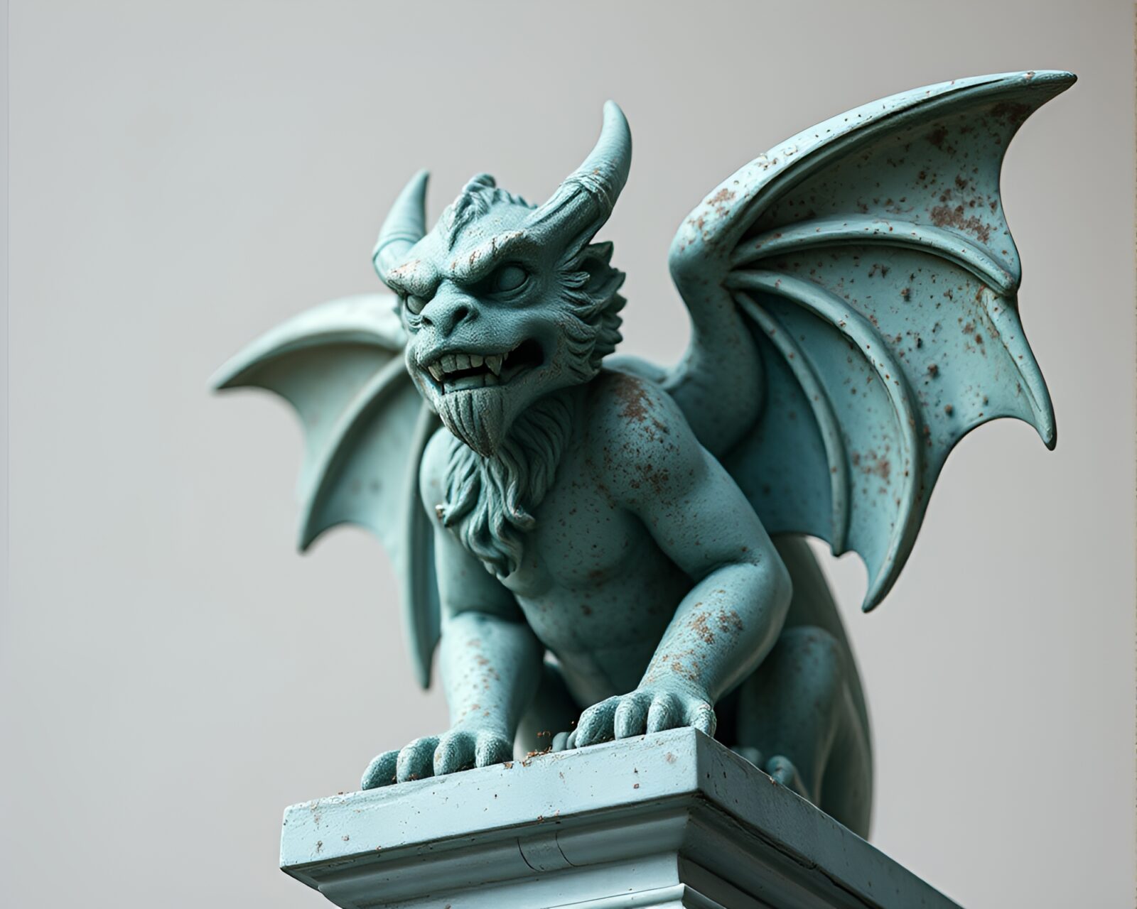 Dadaist collage of gargoyle statue enveloped in turquoise dust