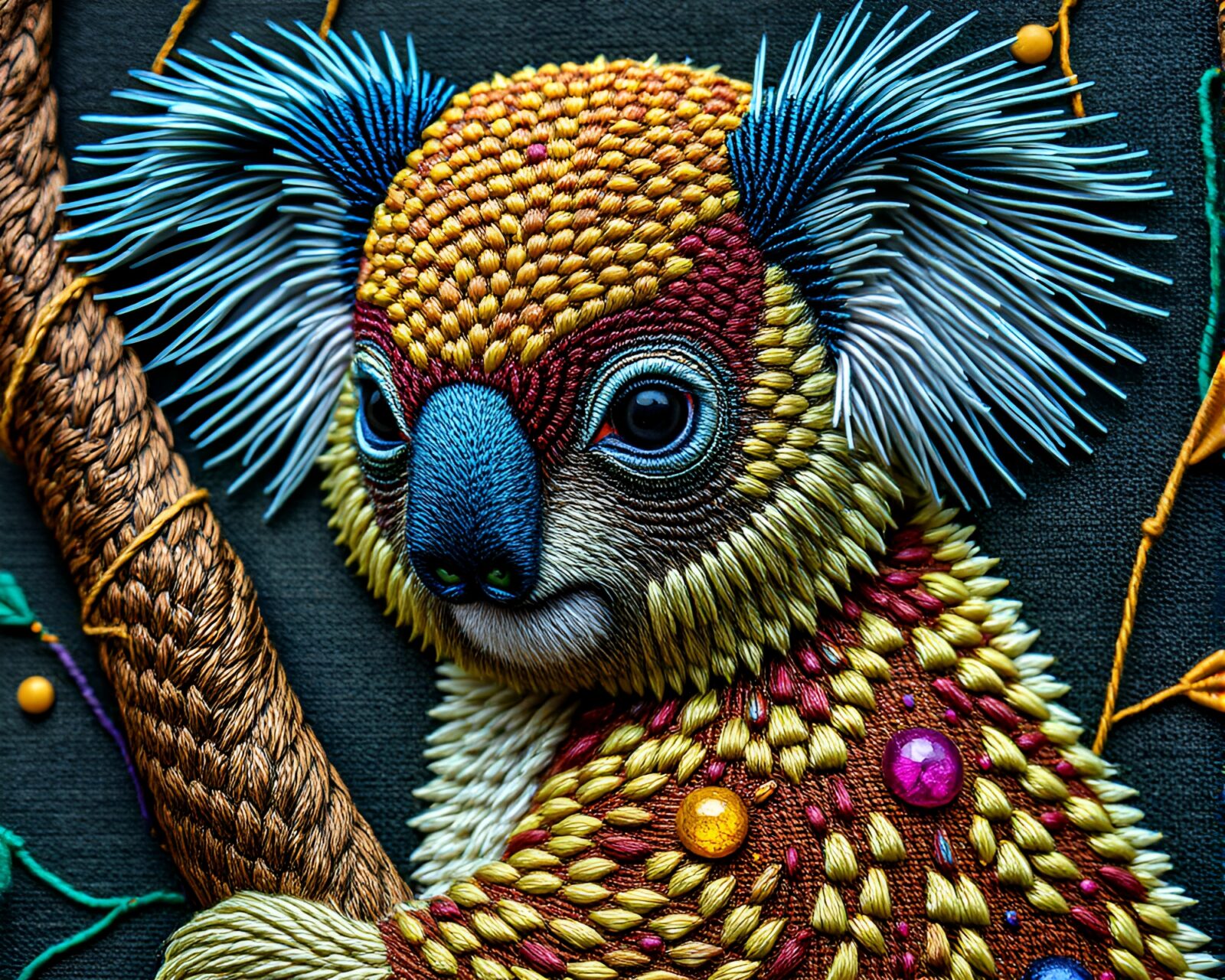 A sophisticated generative art piece of a koala in rich jewel tones and detailed embroidery