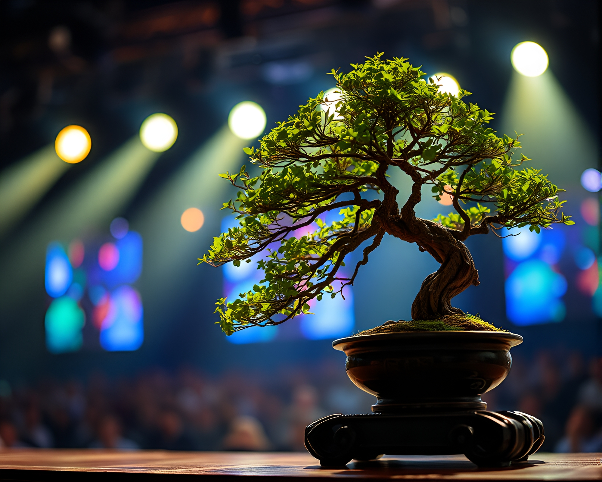 Bonsai Tree Macro Detail in Concert Light Photocollage – free AI stock image