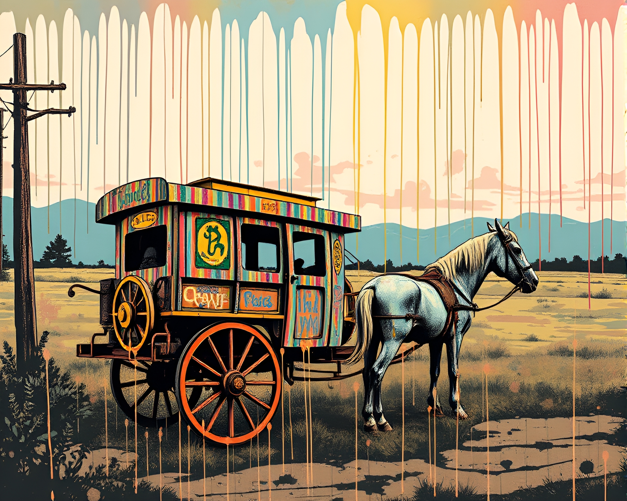 Stagecoach Graffiti Drips in Pastel Woodcut Print – free AI stock image