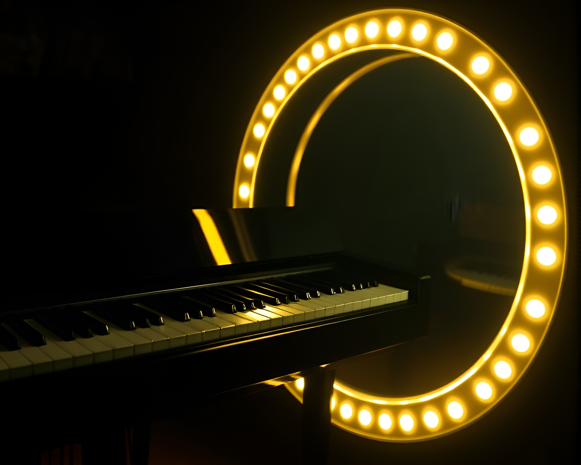Ethereal LED Piano within Circular Retro Frame – free AI stock image