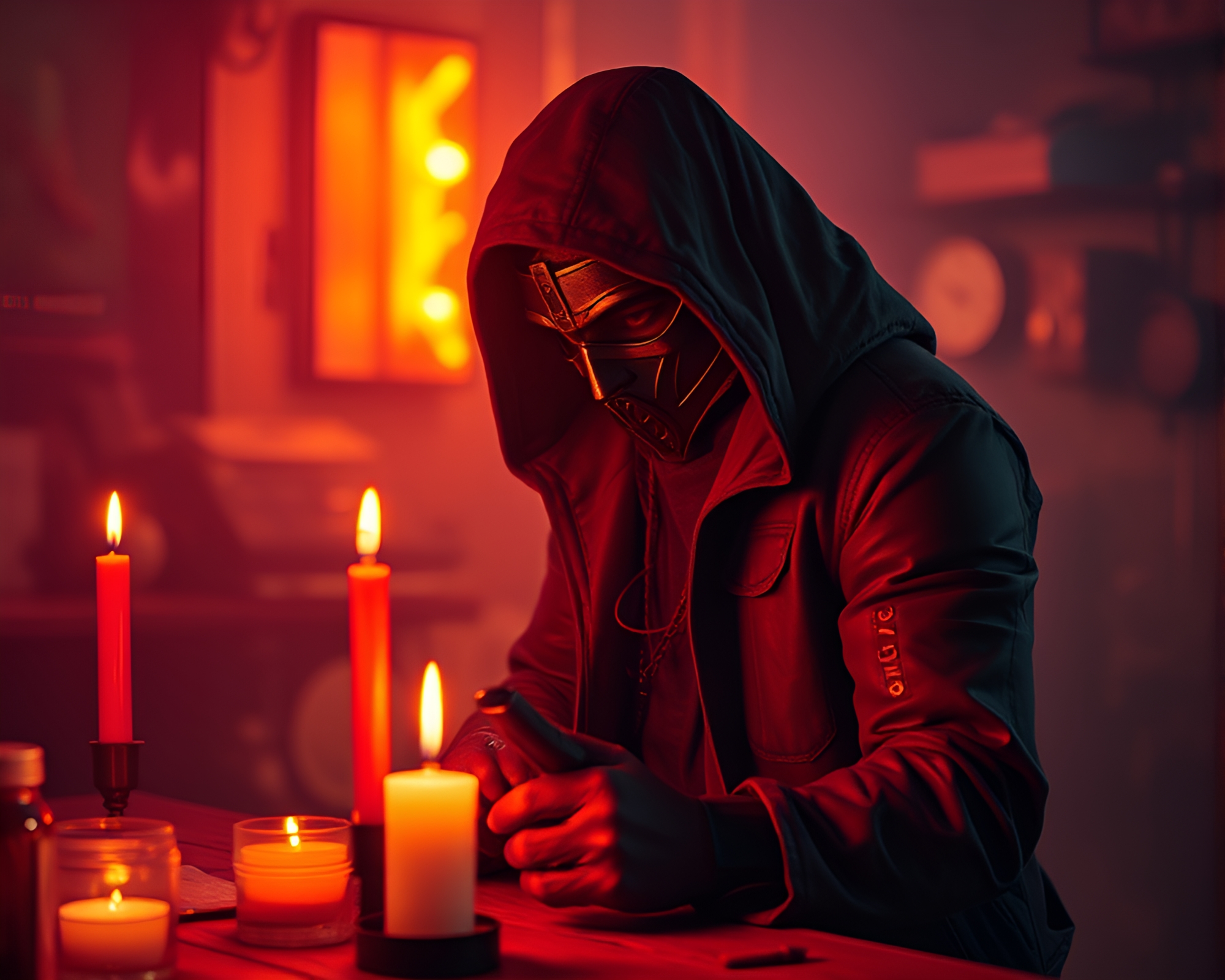 Cyberpunk Vigilante in Candlelit Studio Shot – free AI stock image