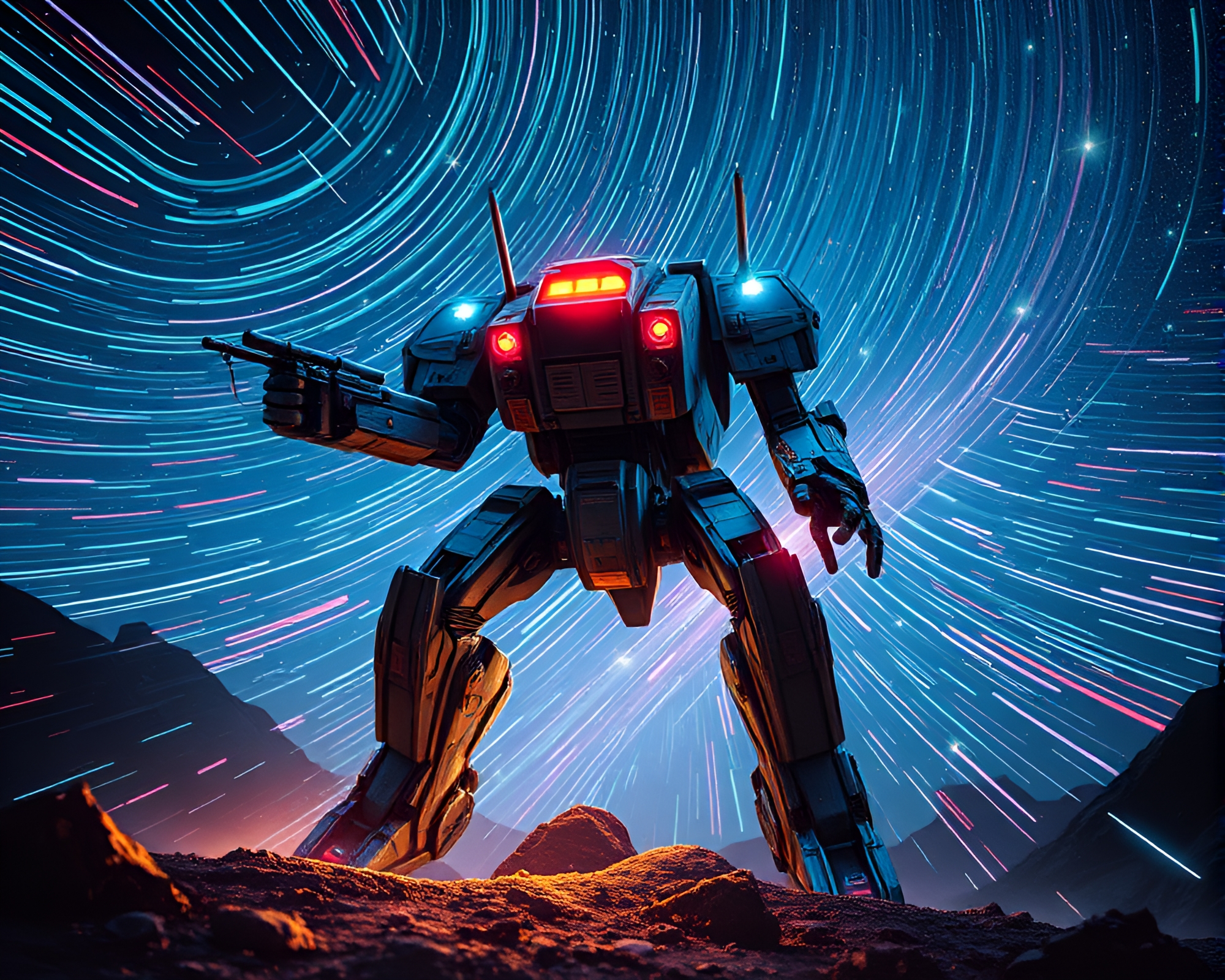 Battle Mech Engulfed in Fractal Star Trails Art – free AI stock image