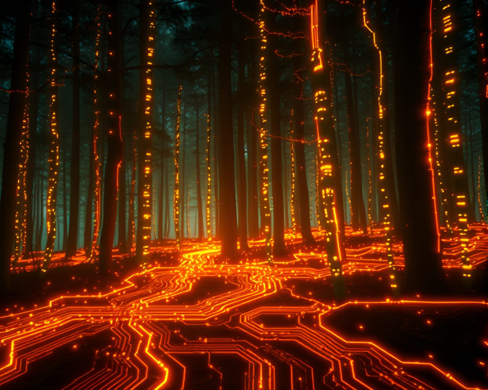 Digital painting of a pixelated forest intertwined with circuit board traces