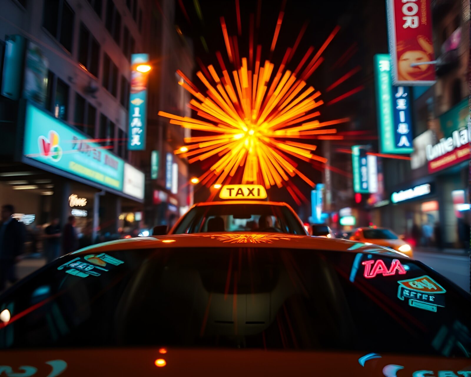 Off-center neon hover taxi with vibrant lens flare bursts