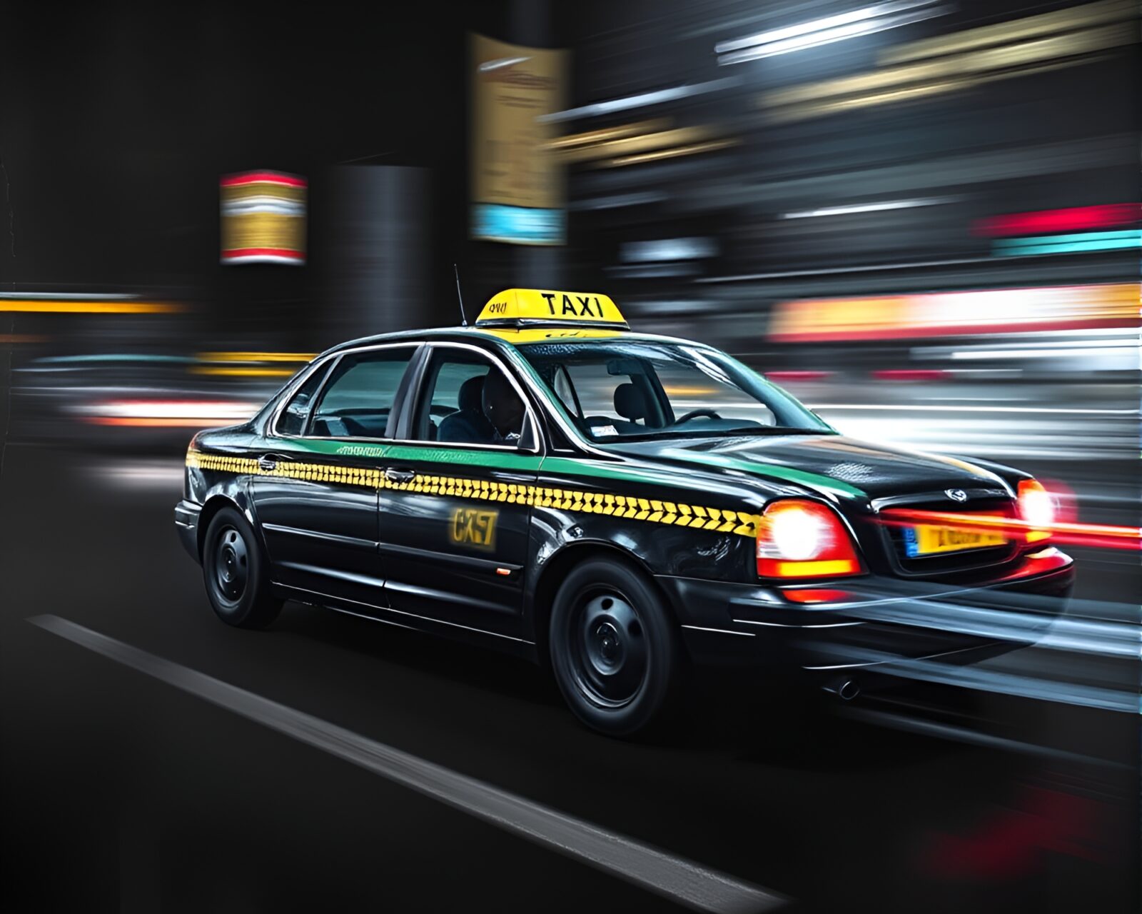 Blurry chalkboard drawing of Hydra taxi amidst streaks of light
