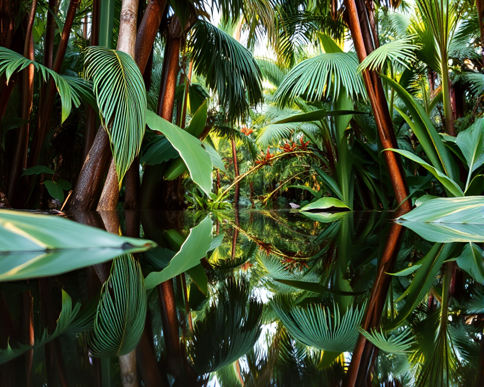 Vibrant jungle reflected in distorted lens with vignette effect