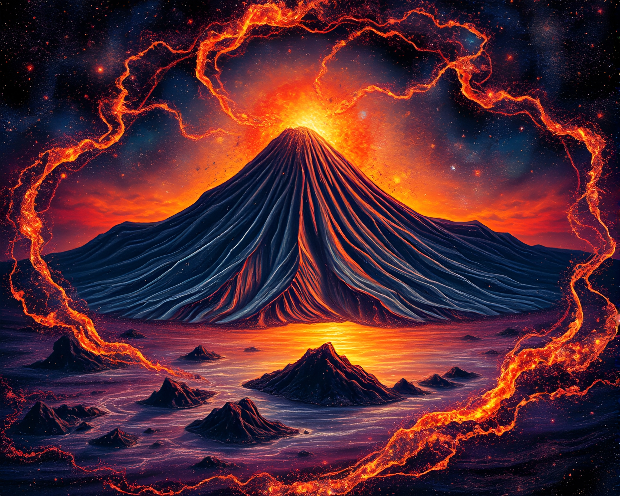 Fiery Vortex Twist on Metallic Volcanic Island – free AI stock image