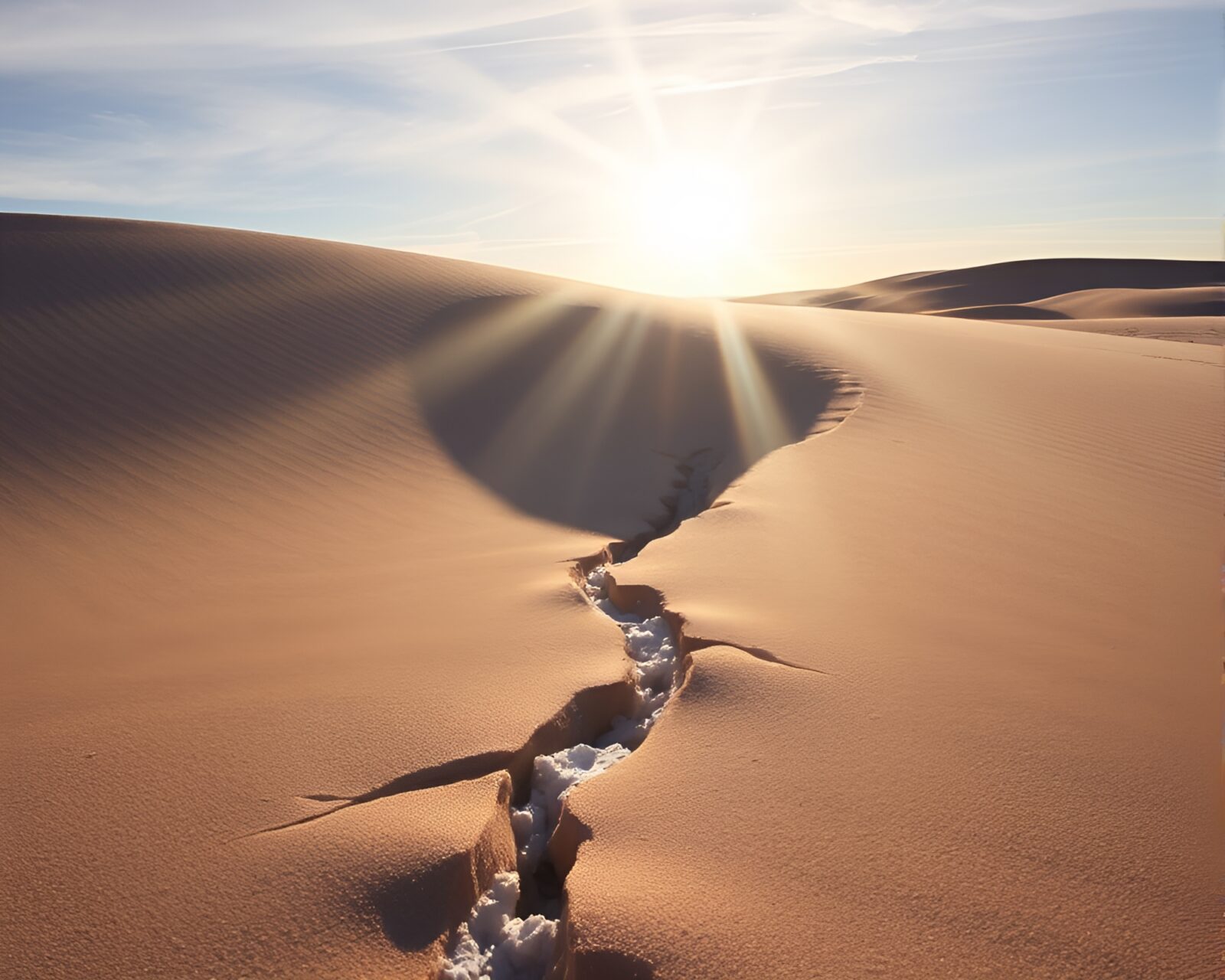 Ethereal sunbeams illuminate cracked ice on desert dune