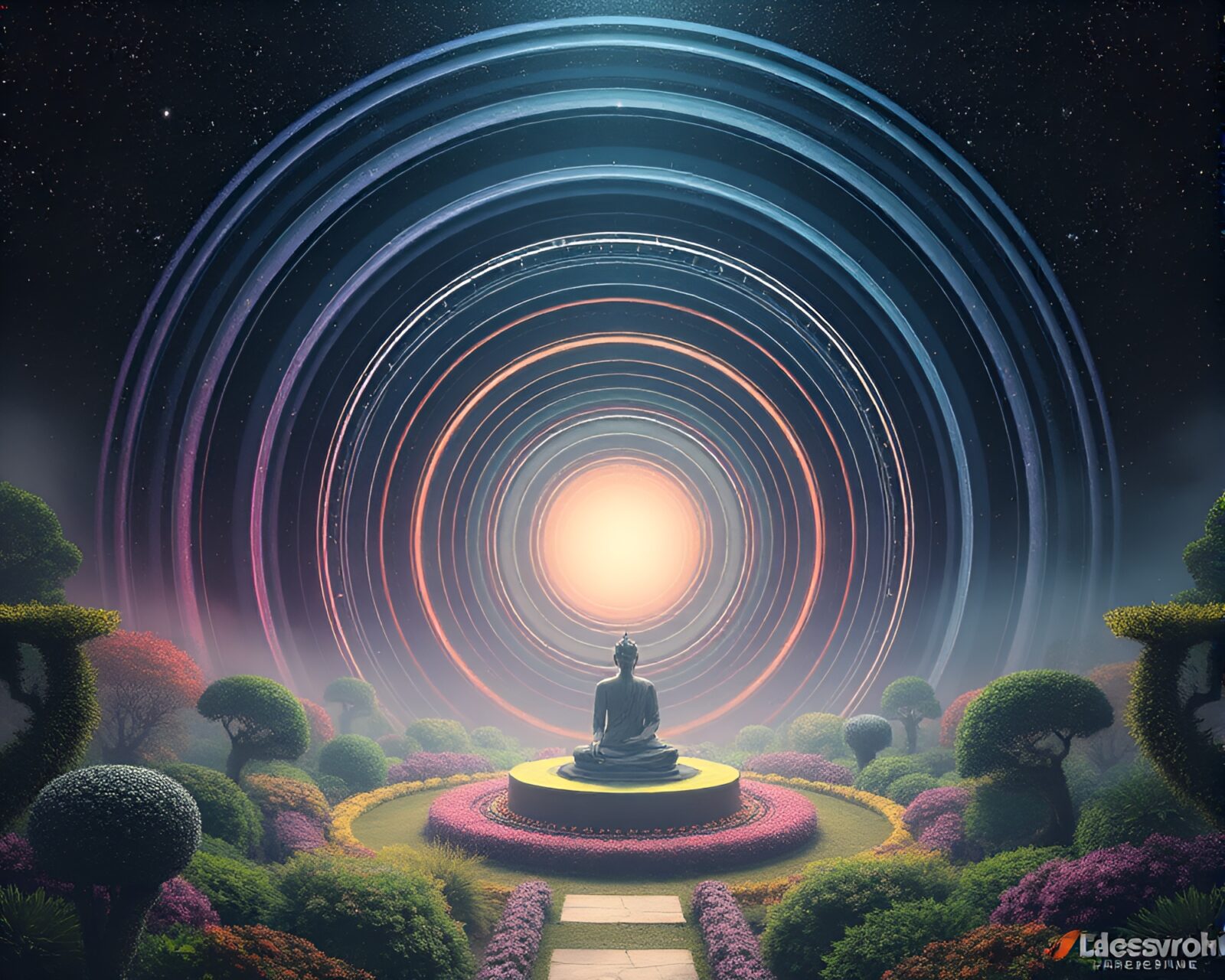 Concentric rings of rainbow light in tranquil zen atmosphere