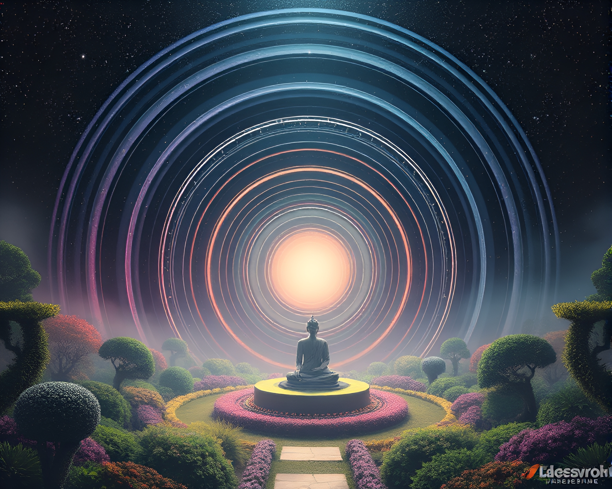 Cosmic Rings in Dystopian Zen Garden – free AI stock image