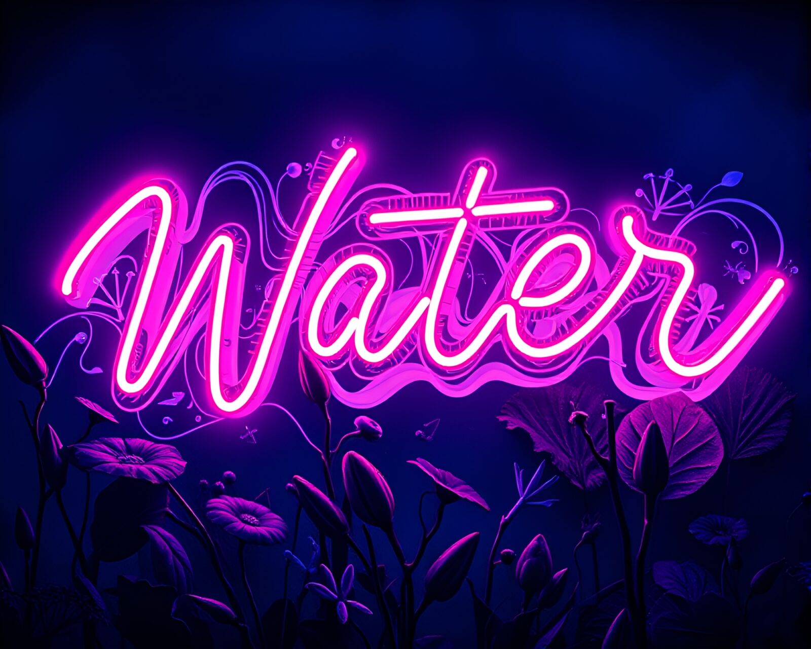 Glowing neon sign amidst mysterious indigo botanical illustrations reflected in water