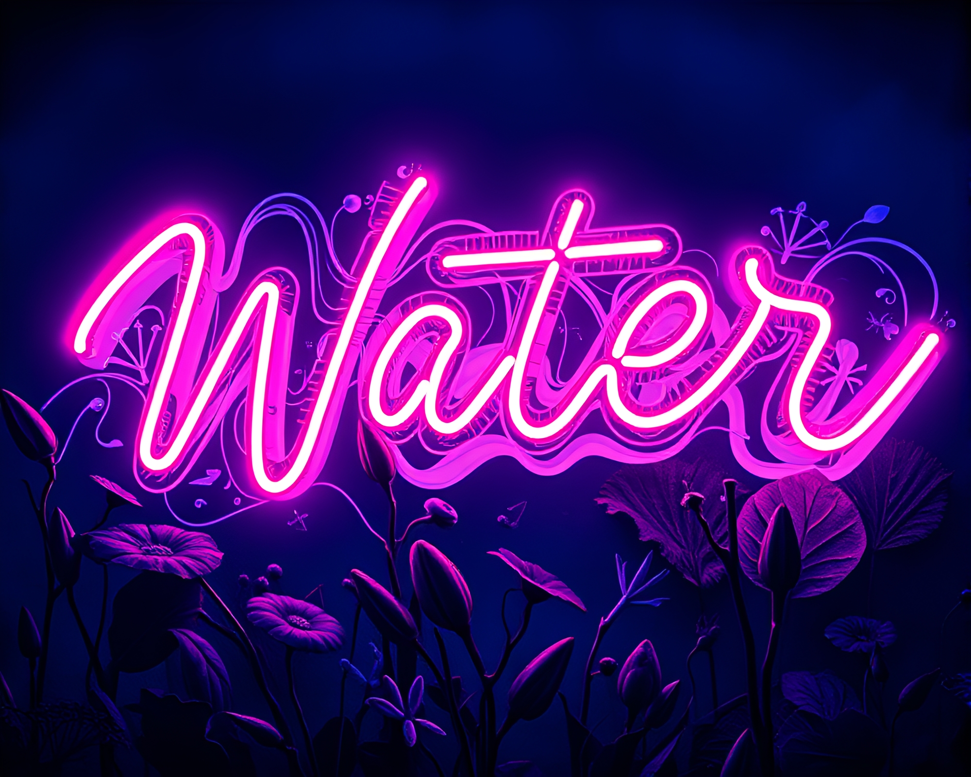 Neon Botanical Garden in Distorted Water Reflection – free AI stock image