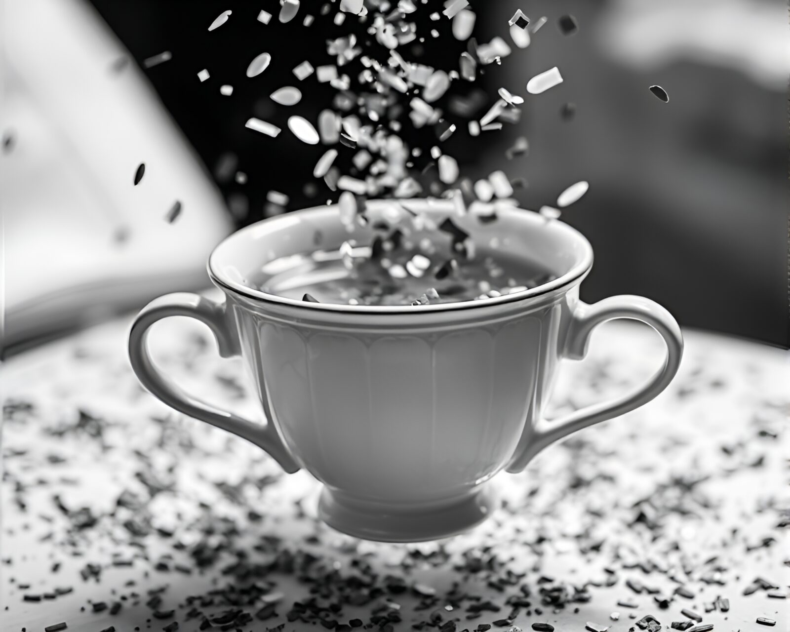Black and white extreme close-up of a floating tea cup surrounded by colorful confetti