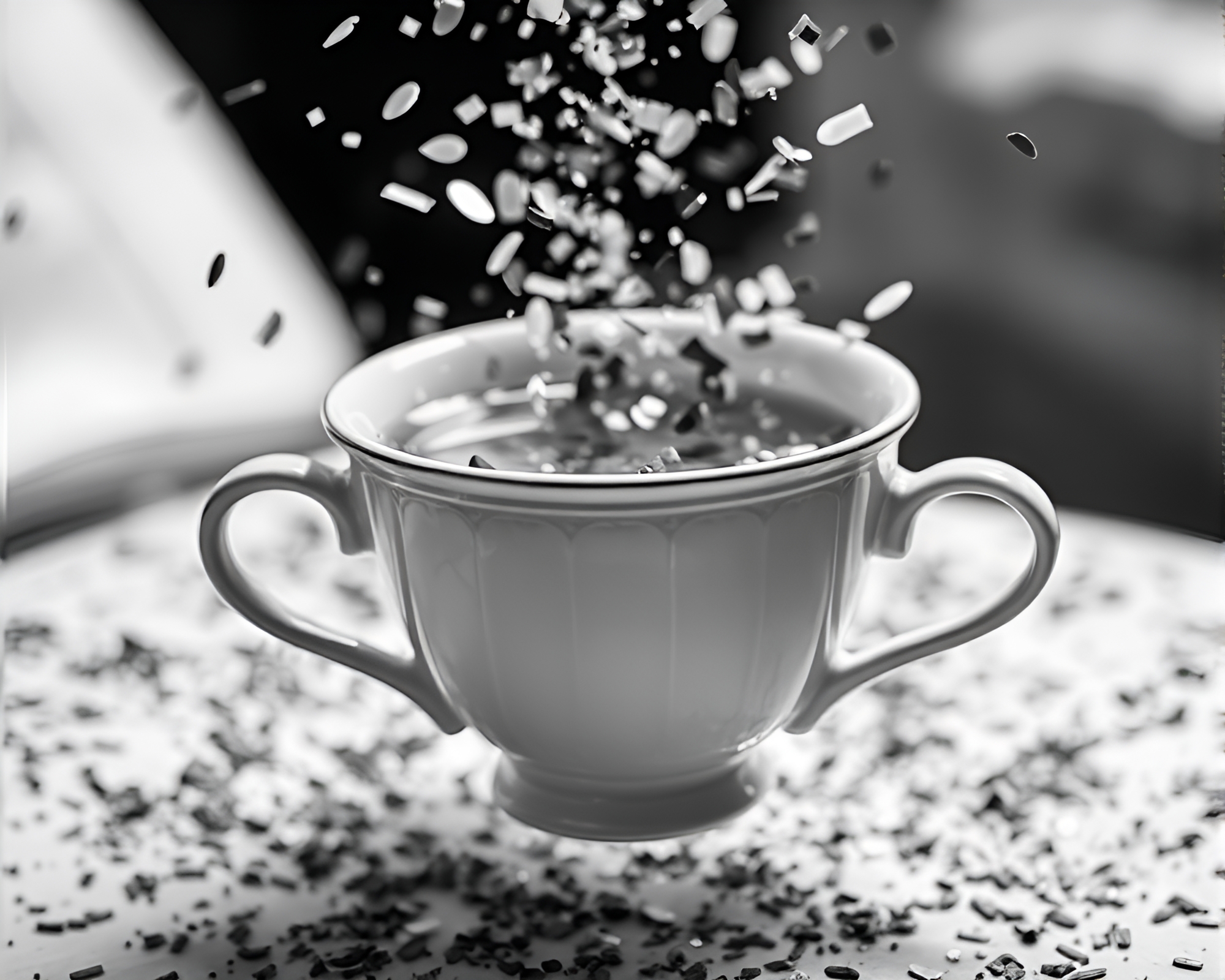 Floating Tea Cup Confetti Burst Close-Up – free AI stock image
