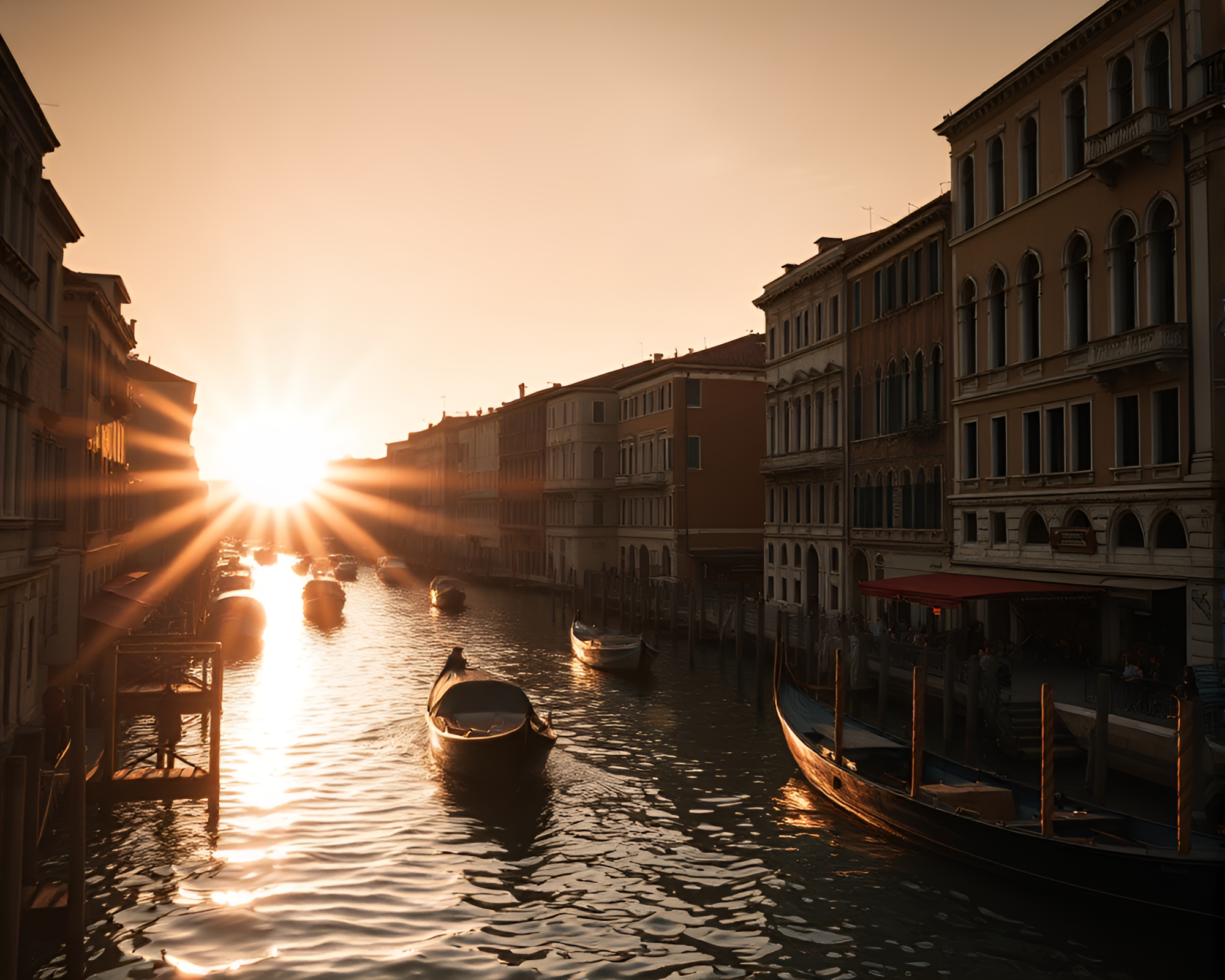 Golden Hour Venetian Canal Lens Sunburst Scene – free AI stock image