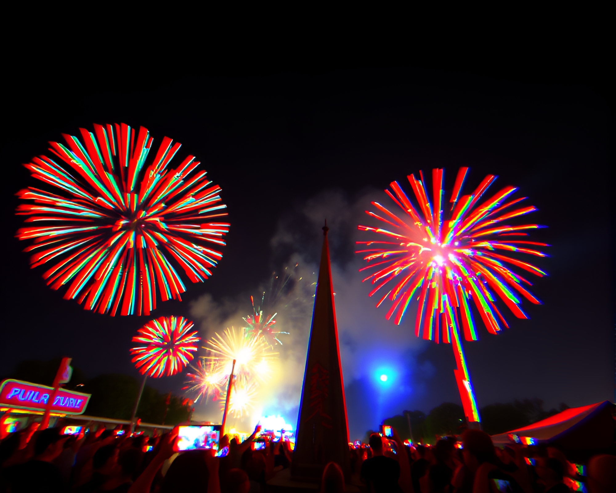 Vibrant Festival Fireworks Pocket Sundial in 3D Anaglyph – free AI stock image