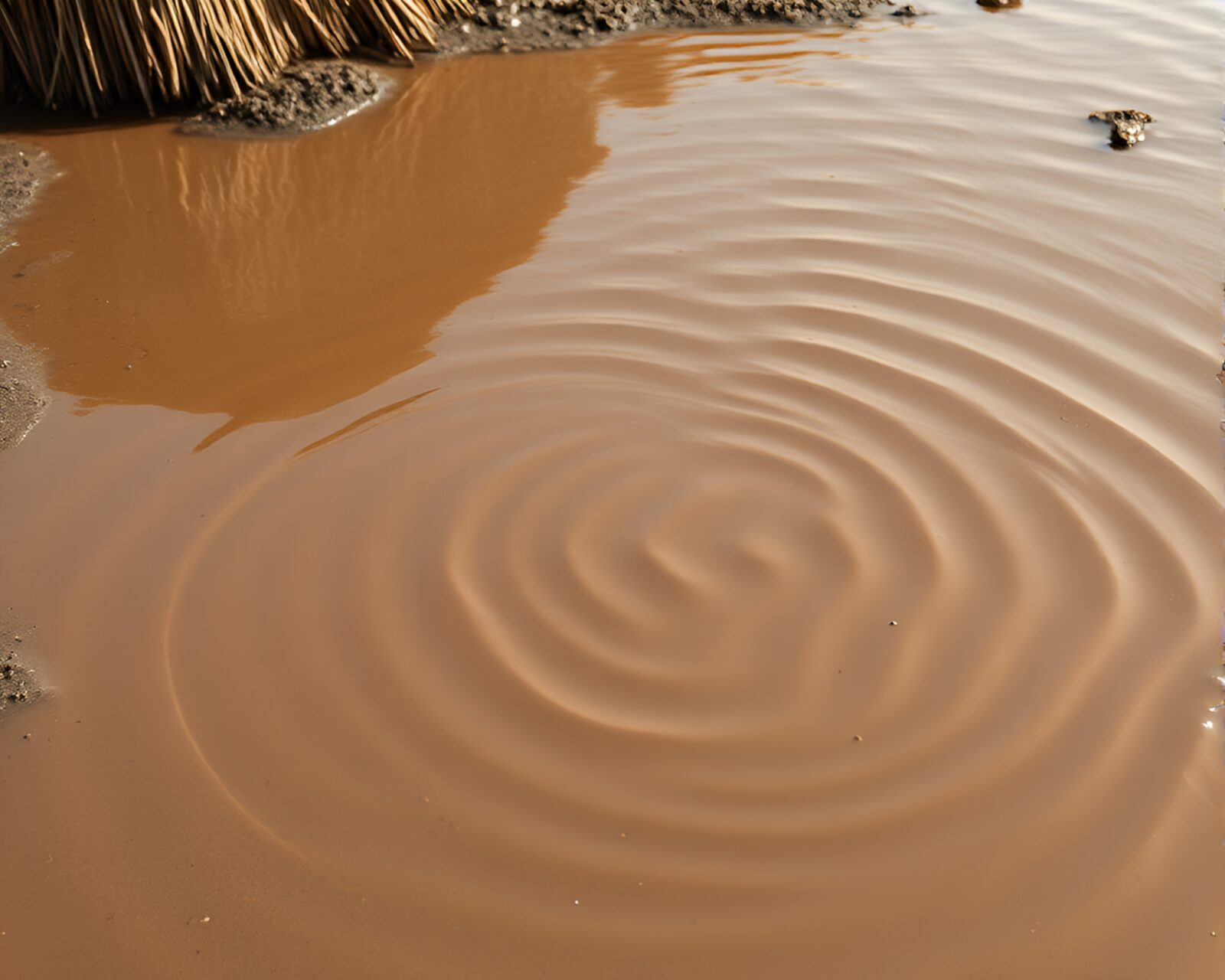 Rippling water reflecting mud hut with rich oil texture