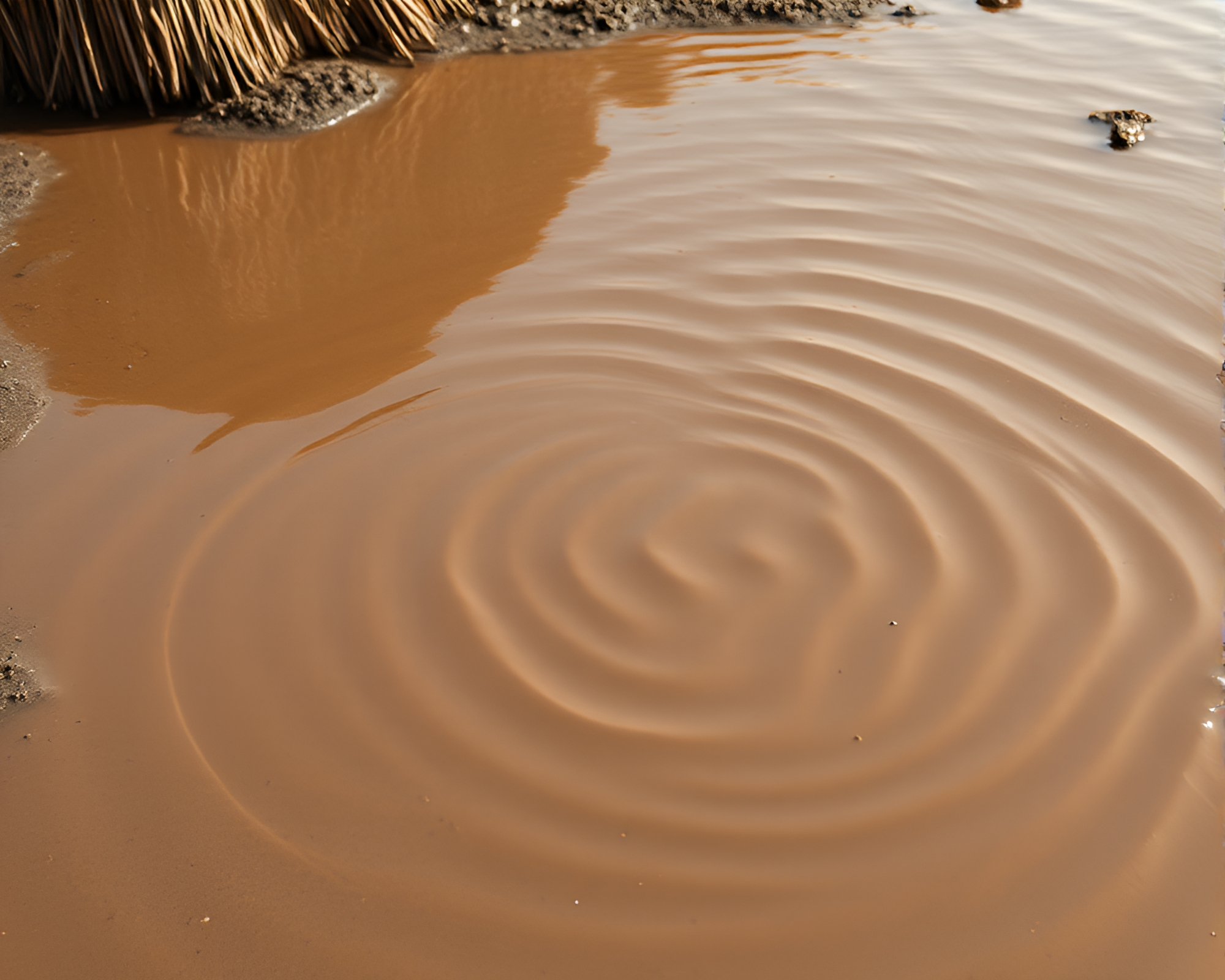 Mud Hut Reflections: Oil-Textured Waters – free AI stock image