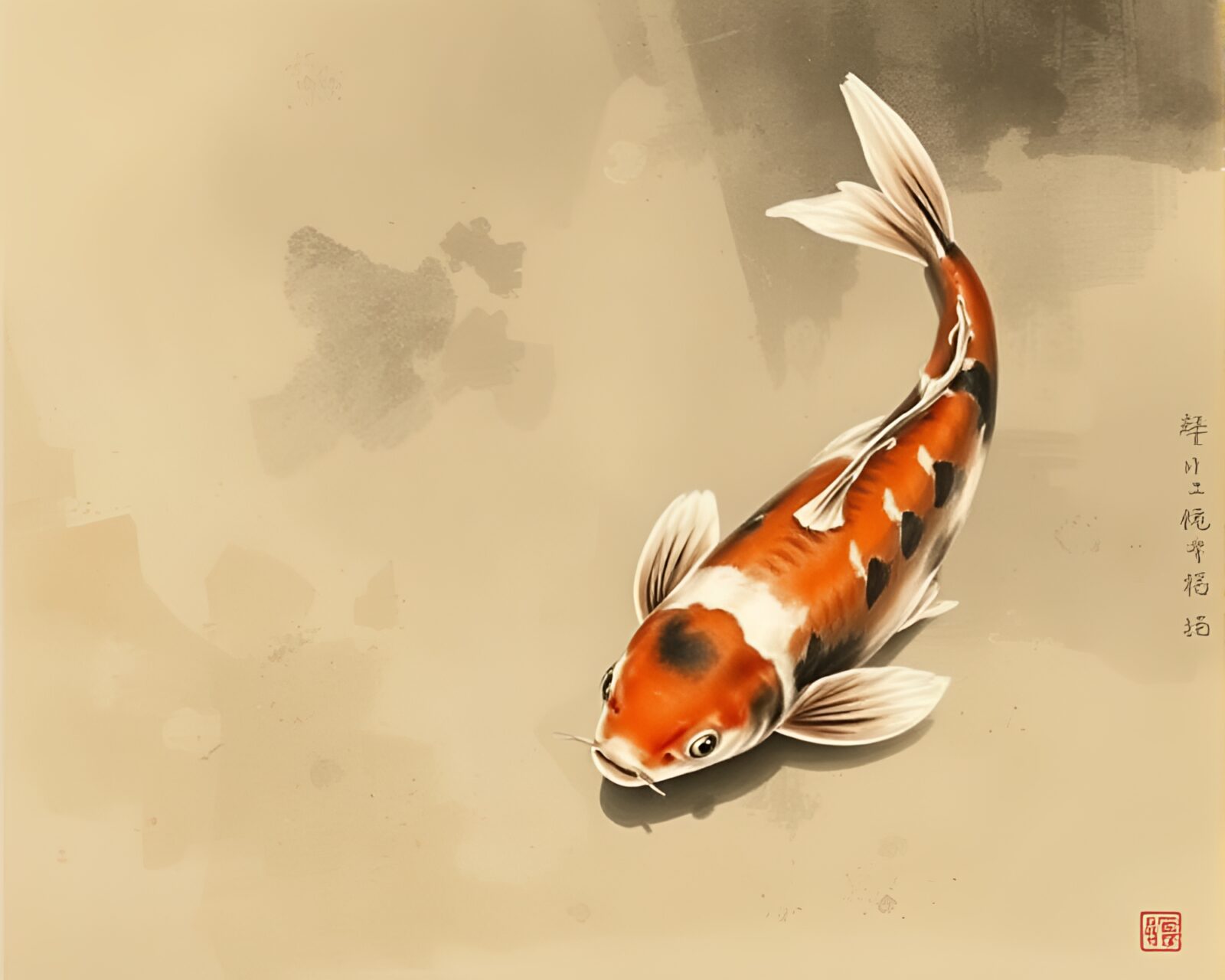 Muted sumi-e style koi fish on reflective surface