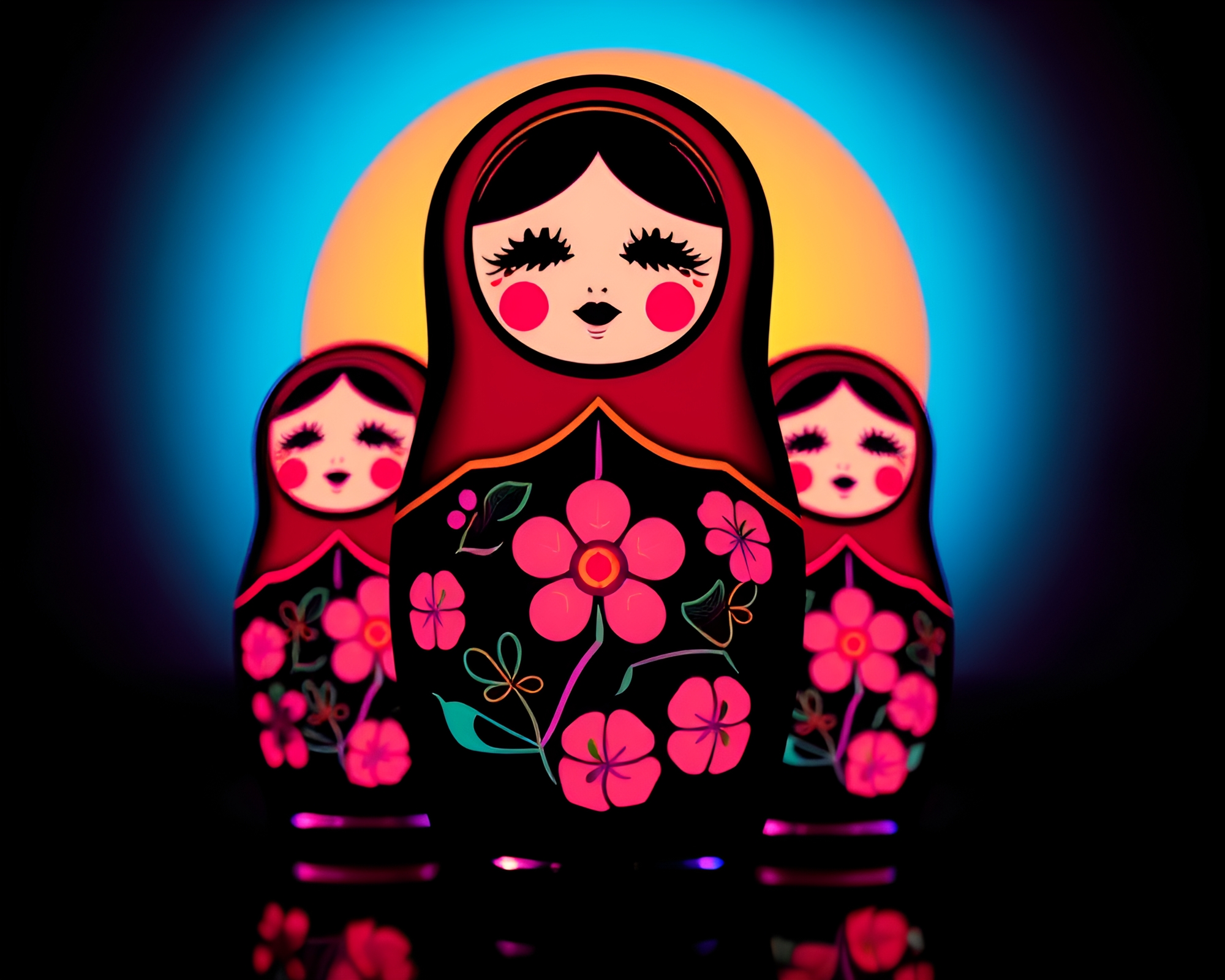 Neon Matryoshka Silhouette Lithograph – free AI stock image