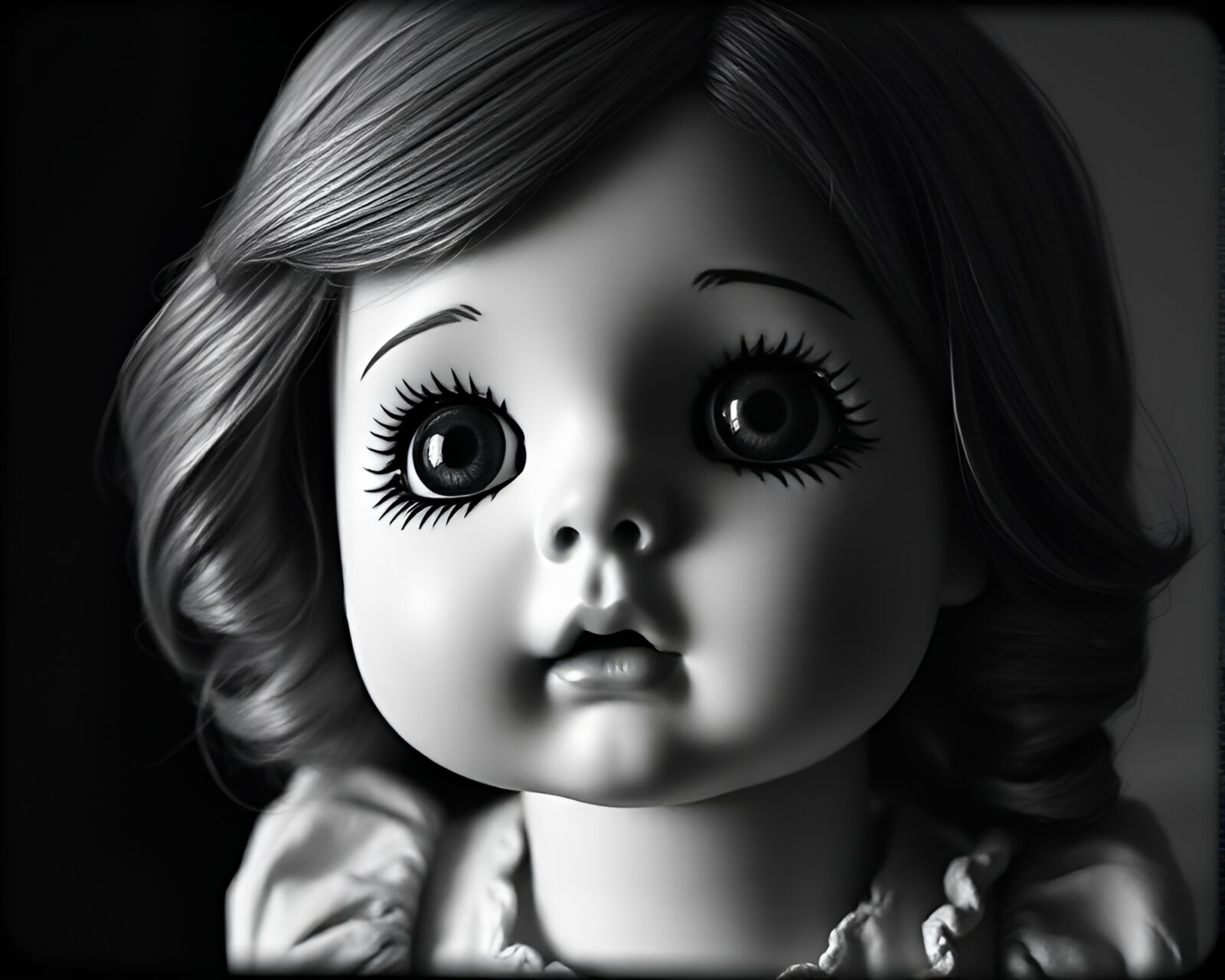 Intricate etched lines on porcelain doll under shadowed vignette