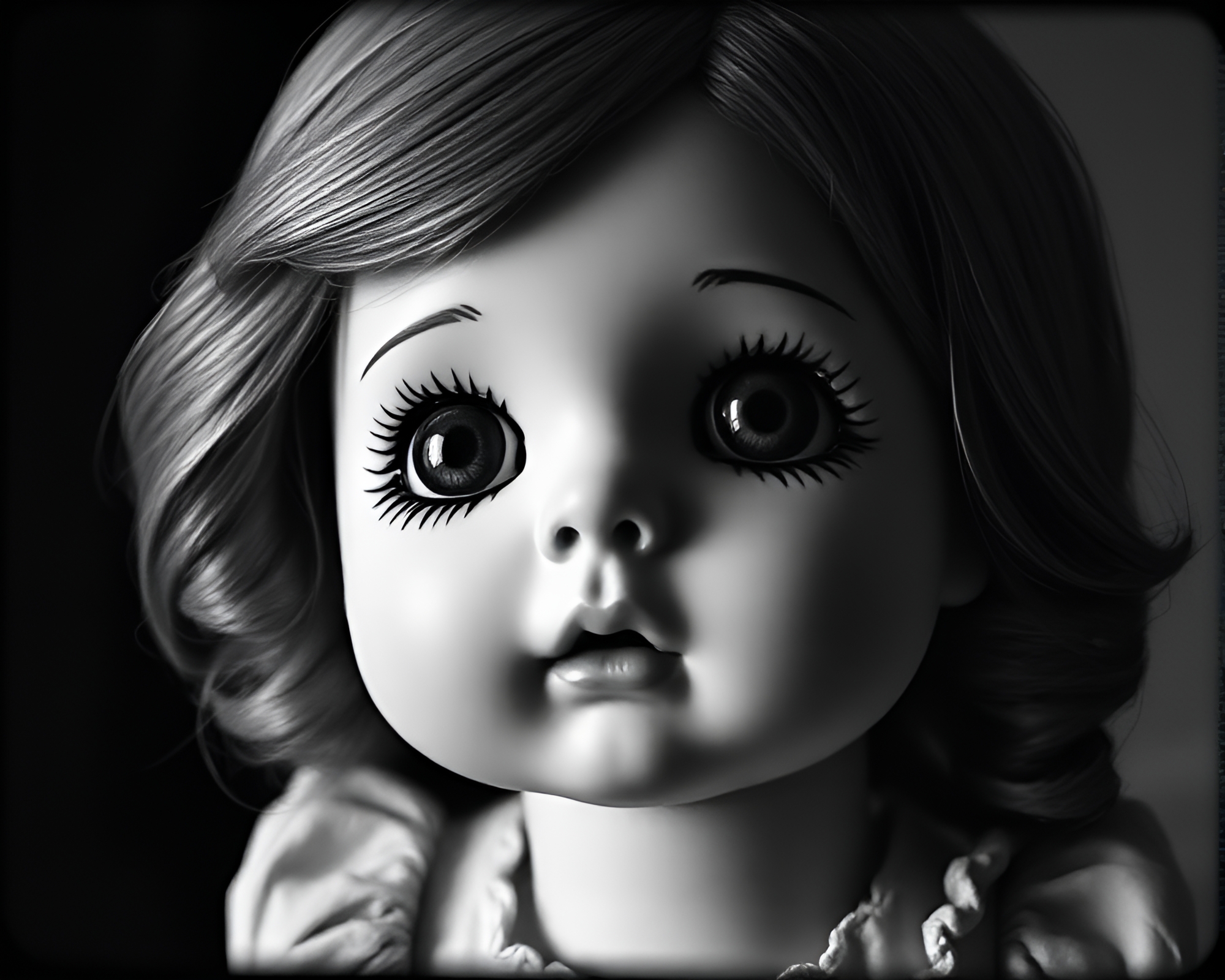Etching lines in duotone: Porcelain doll lens vignette – free AI stock image