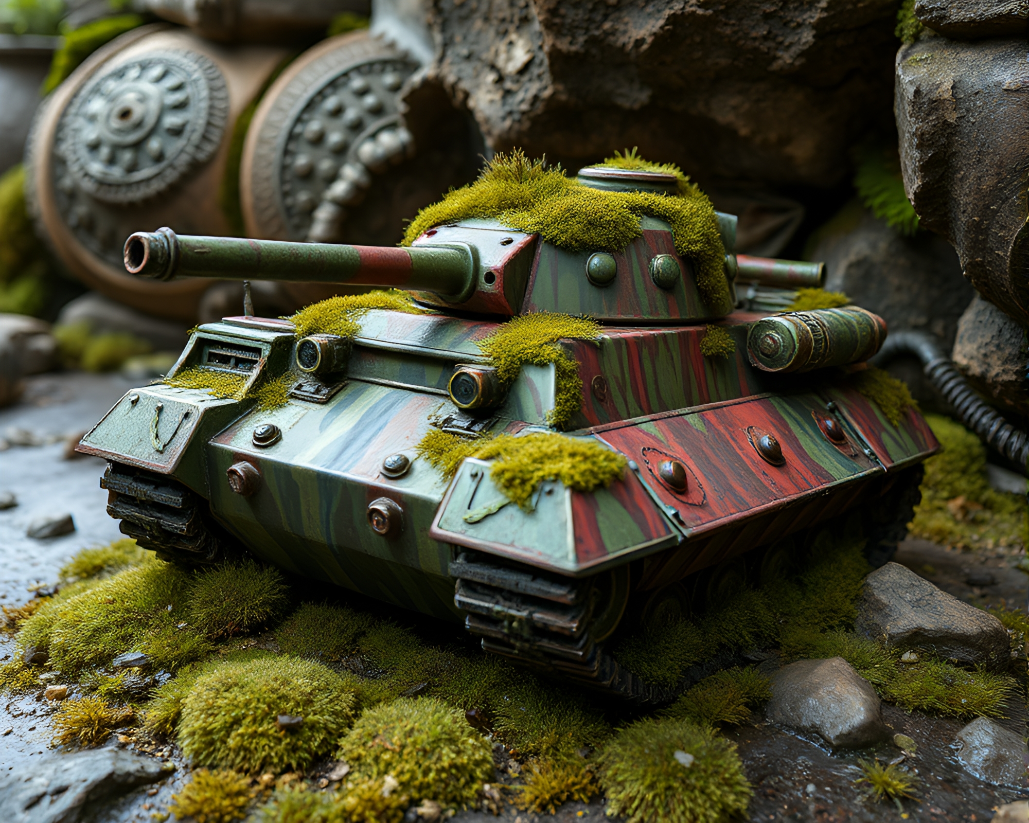 Moss-covered tank in surreal paint drips – free AI stock image