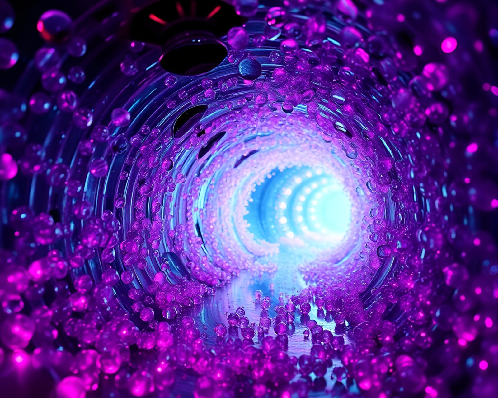 Dark glass tunnel with wet beads in neon lighting