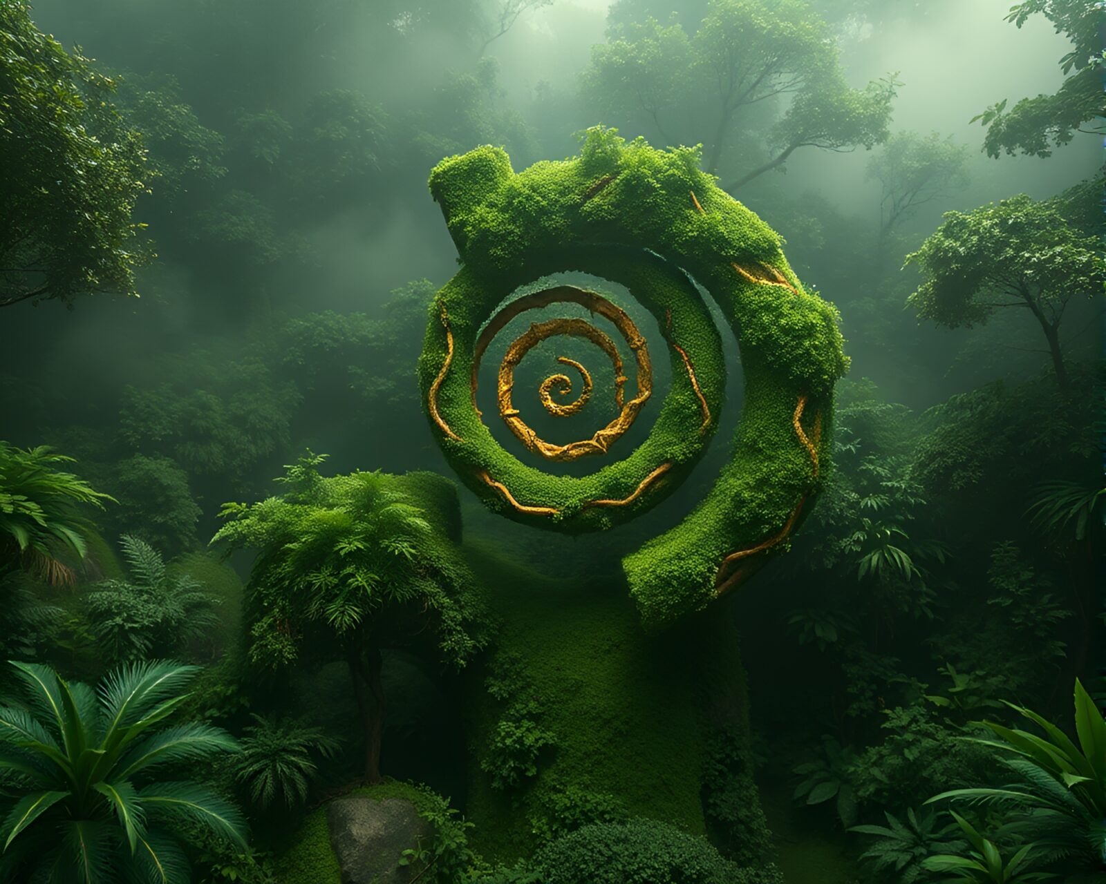 Enchanting siren surrounded by lush green mist in rainforest