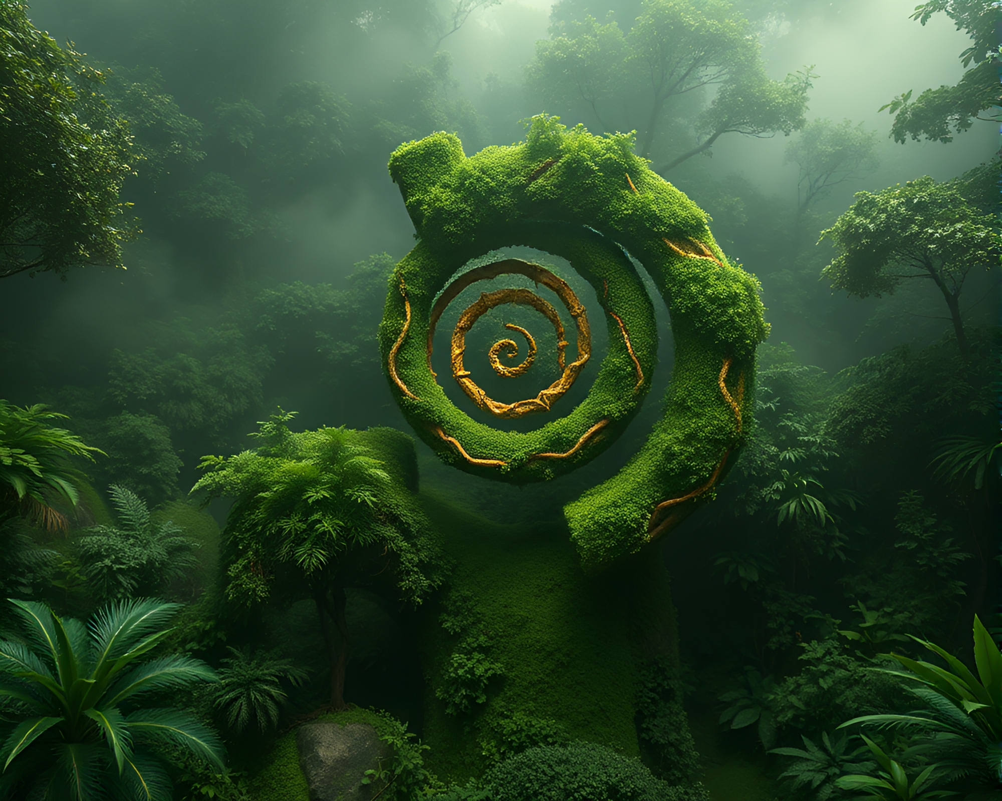 Golden Spiral Siren in Misty Rainforest – free AI stock image