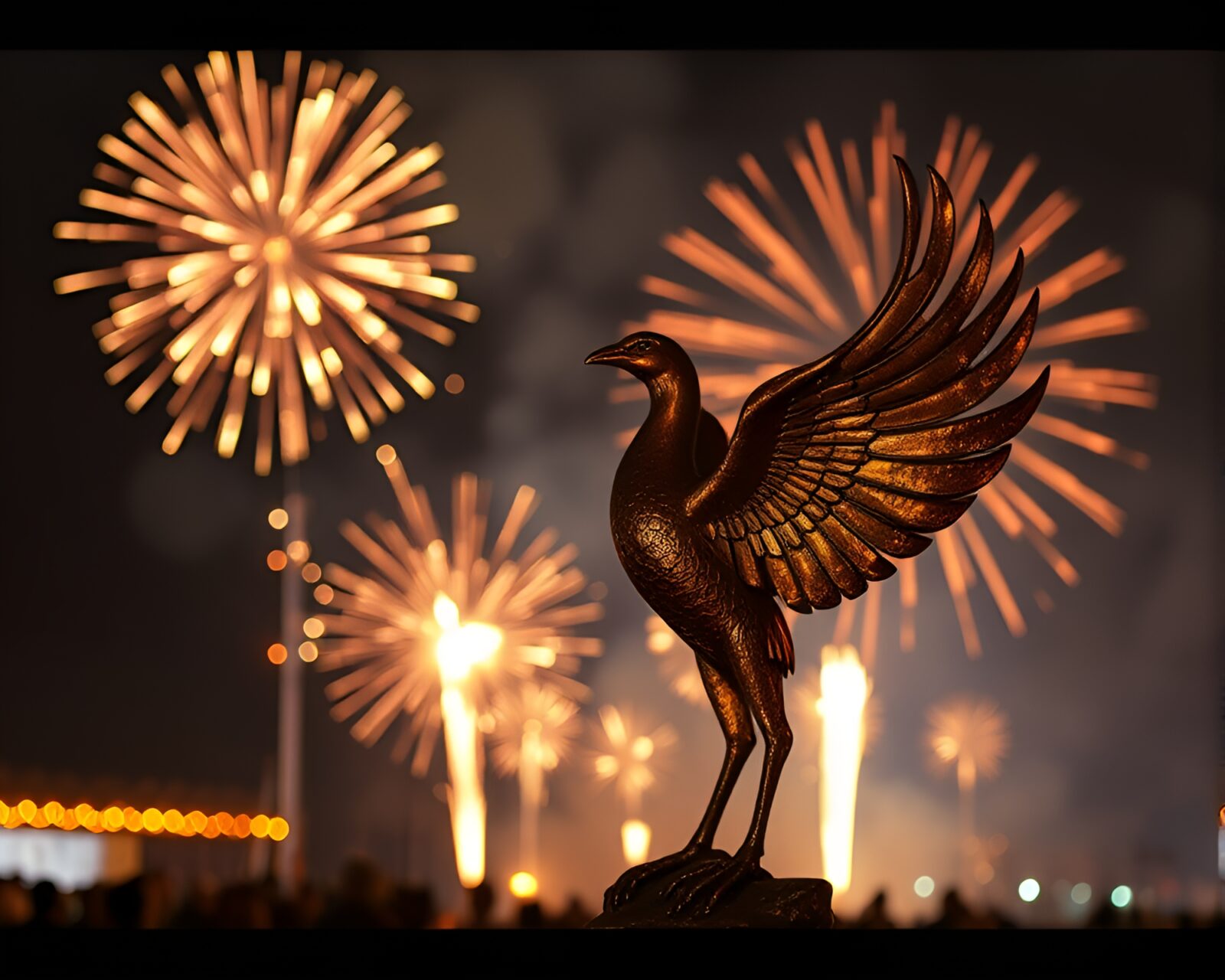 Bronze-patina Phoenix with lens flares in festival fireworks light