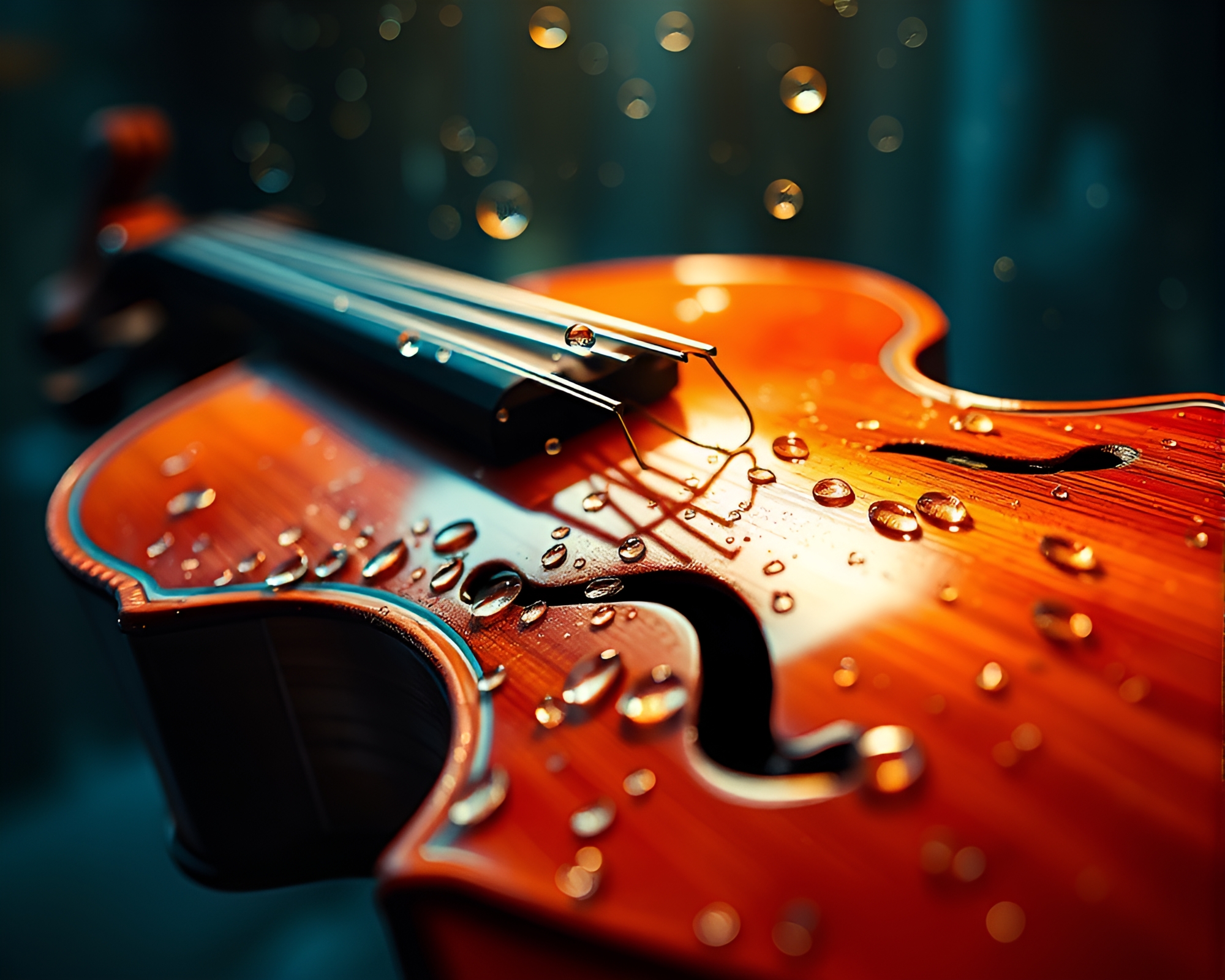 Enchanting Wooden Violin with Water Droplets and CRT Flicker – free AI stock image