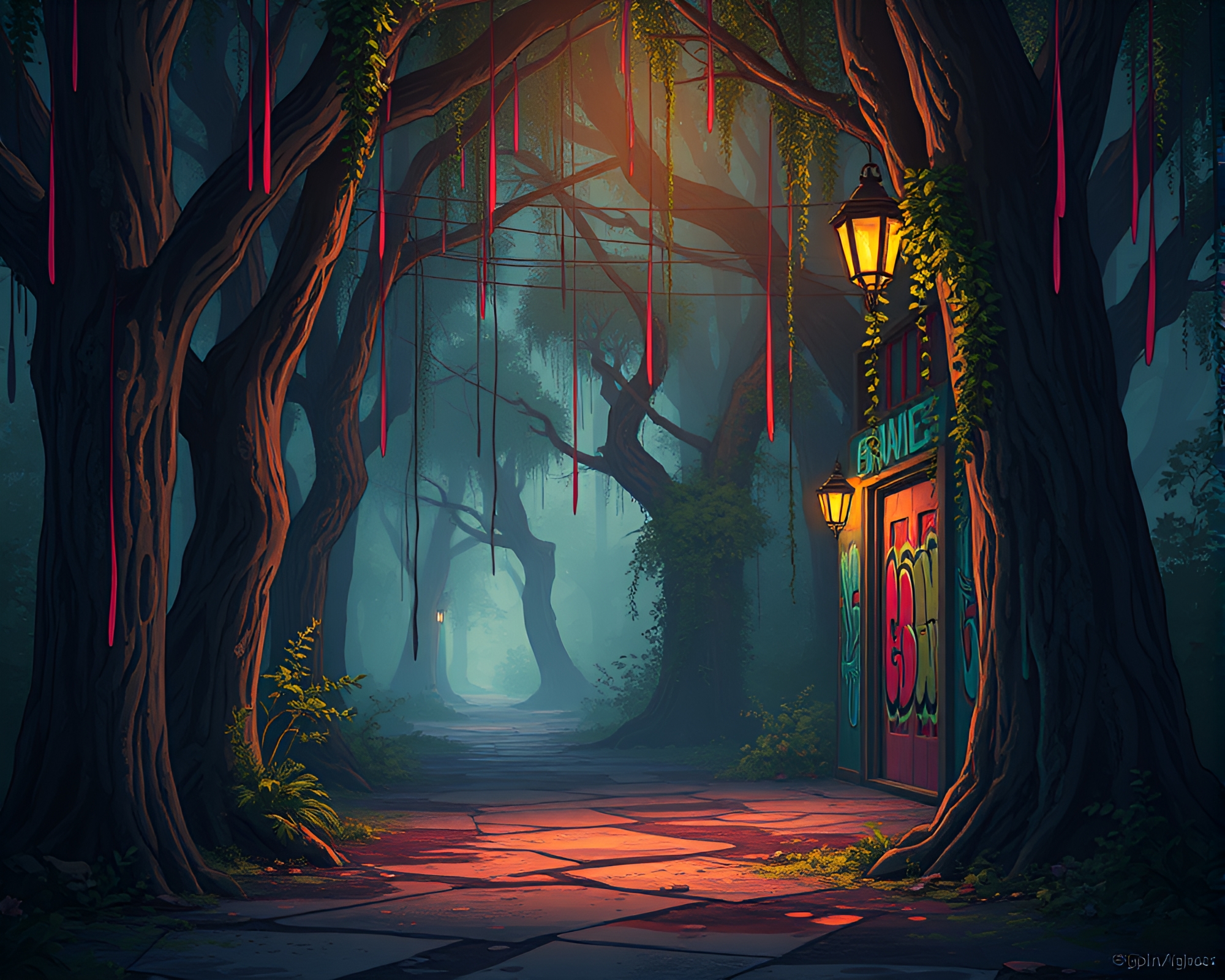 Futuristic Ancient Grove Graffiti Illuminated by Porchlight – free AI stock image