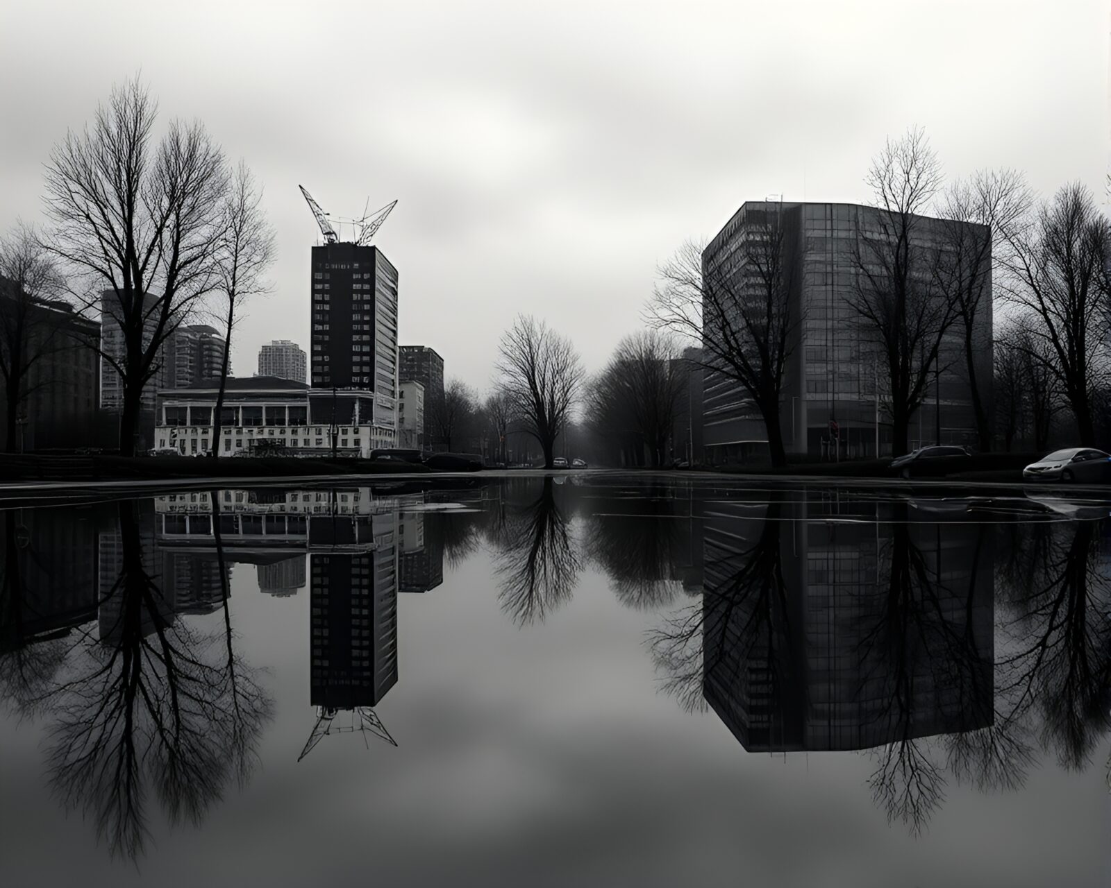 Dark and eerie collage depicting a reflective hydra.