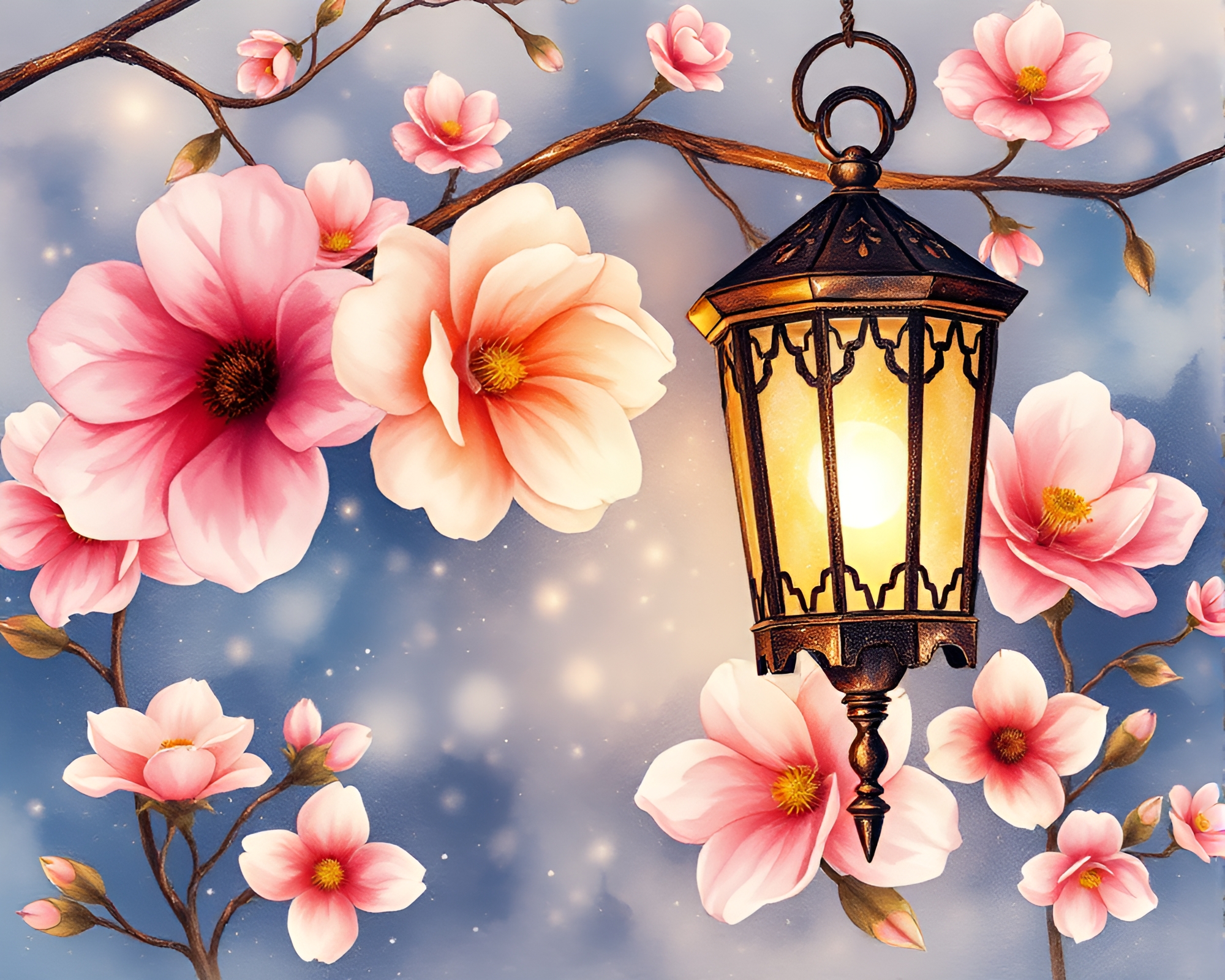 Luminous Lanterns: Watercolor Blooms in Stardust Shimmer – free AI stock image