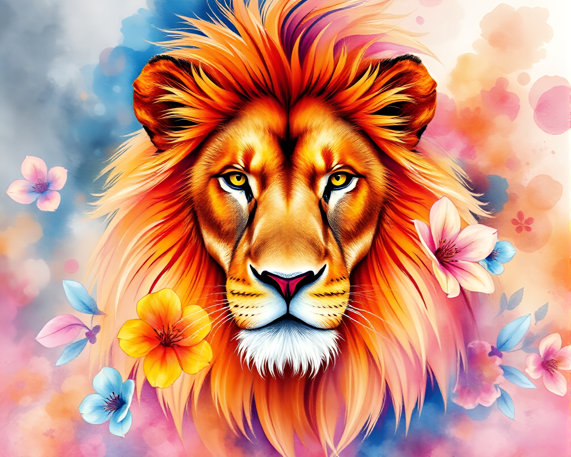 Lion in Watercolor Blooms Surrounded by Topaz Light – free AI stock image