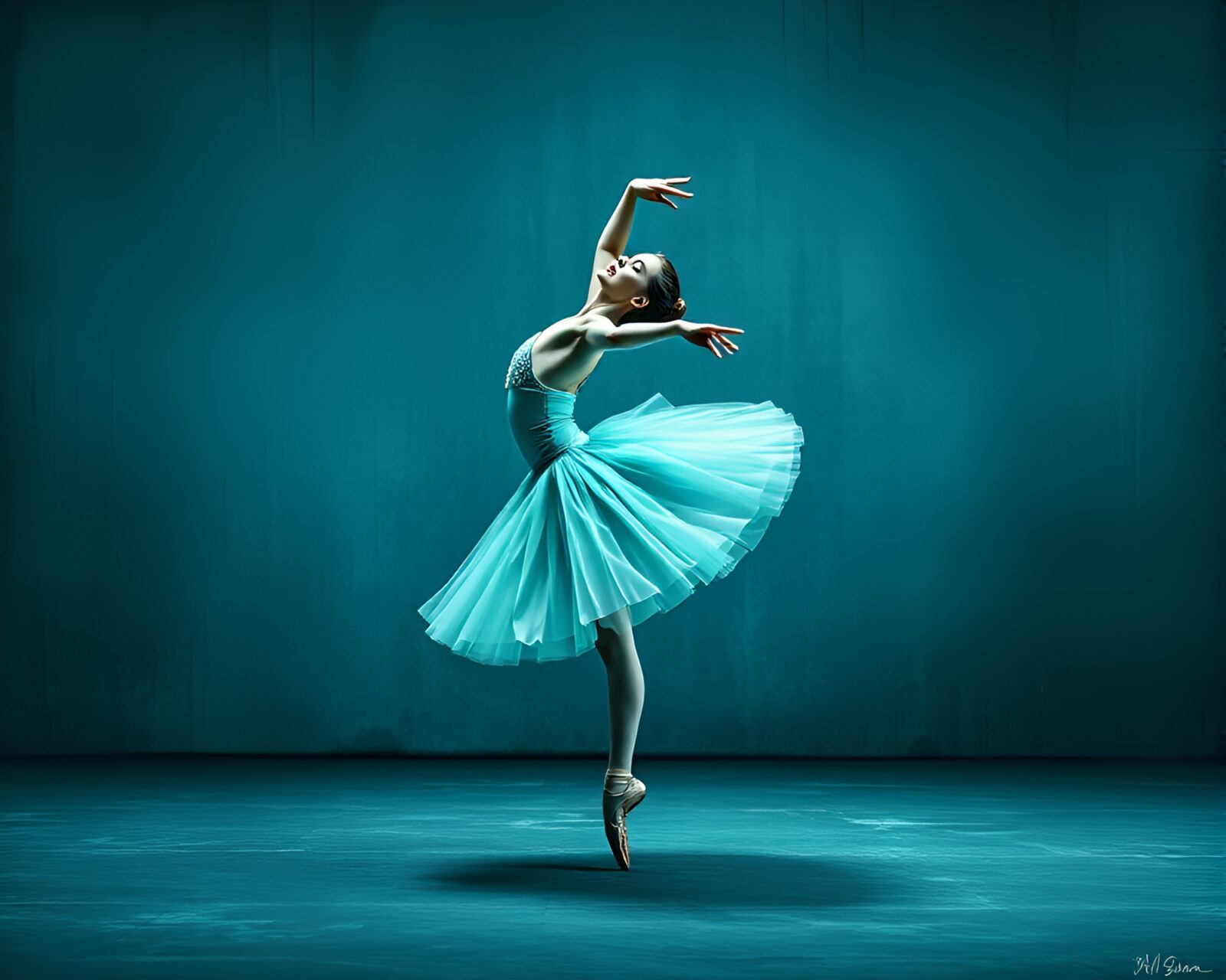 Graceful ballet dancer amidst scratch textures in duotone teal